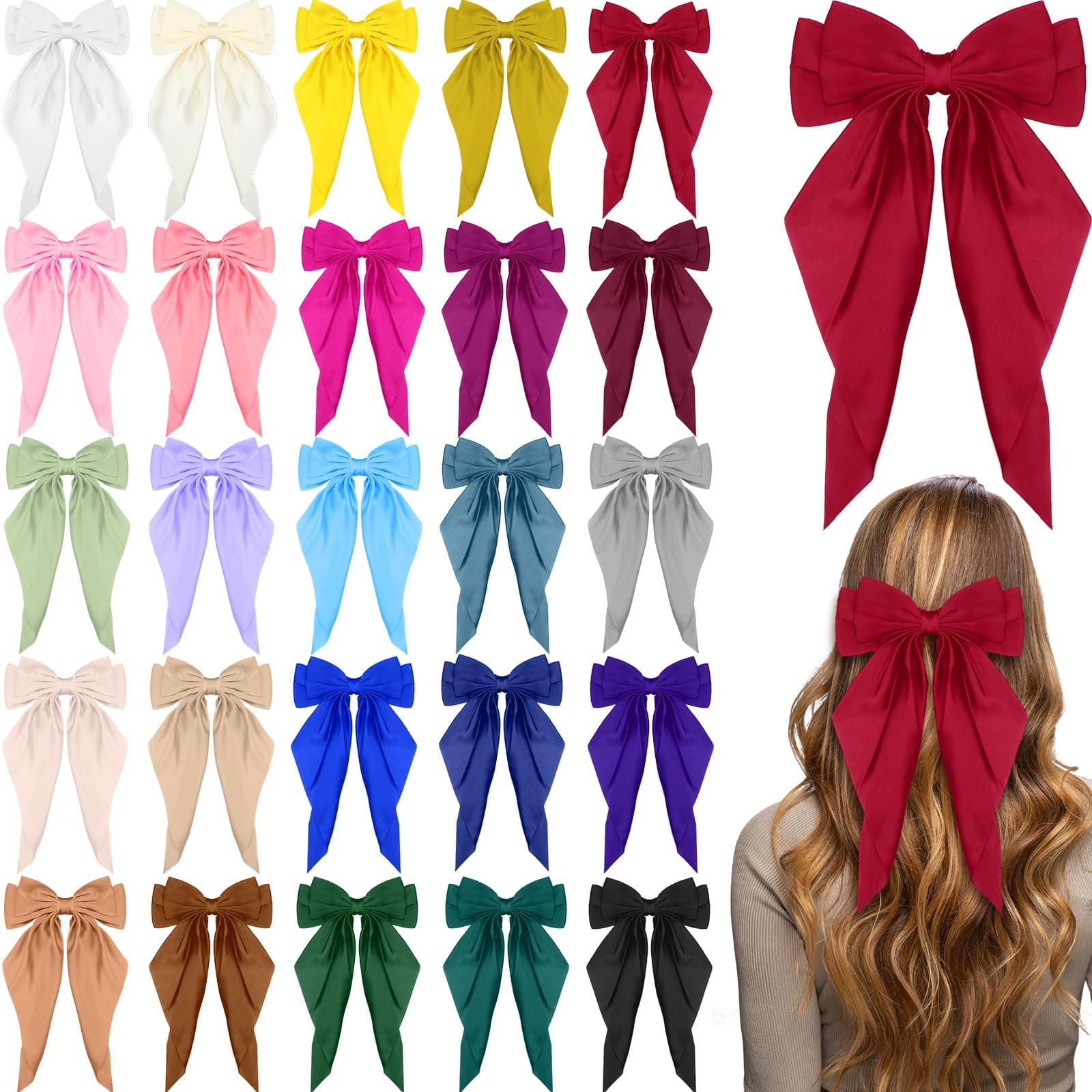 Mimorou 25 Pcs Satin Hair Bows Bulk Silky Big Hair Bows for Women Big Bow Hair Clips Large Hair Ribbons Oversized Long Tail Large Hair Barrettes Bow Knot Hair Clips Hair Pins Hair Accessories Gifts