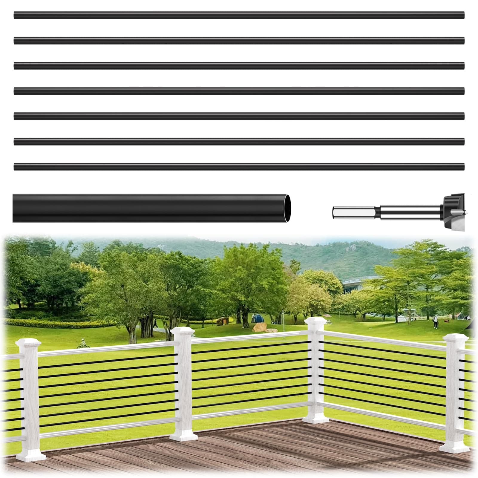 7 Pack 8 FT x 19/32 inch Aluminum Balusters for Deck Railing, Horizontal Stair Baluster with Wood Drill Bit Hollow Round Black Staircase Bar Spindles for Indoor Outdoor Railing