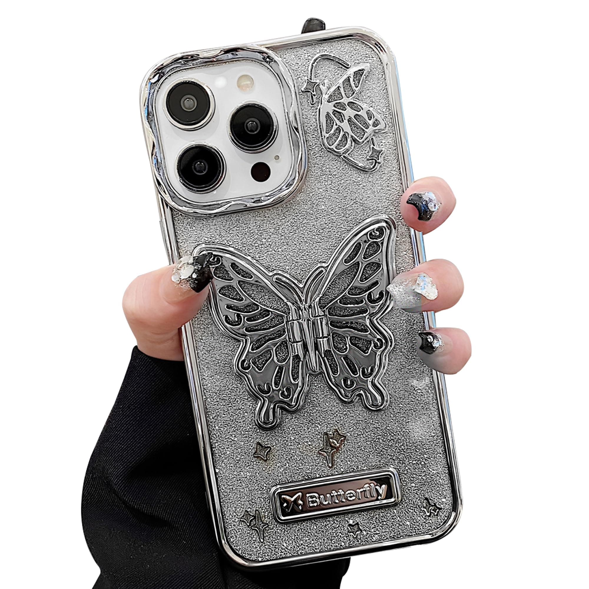 YWYUHE Butterfly Phone Case Compatible with iPhone 12/12 Pro, Luxury Glitter Cute 3D Hollow Clear Silver Electroplate Butterfly Phone Cover with Hold Stand