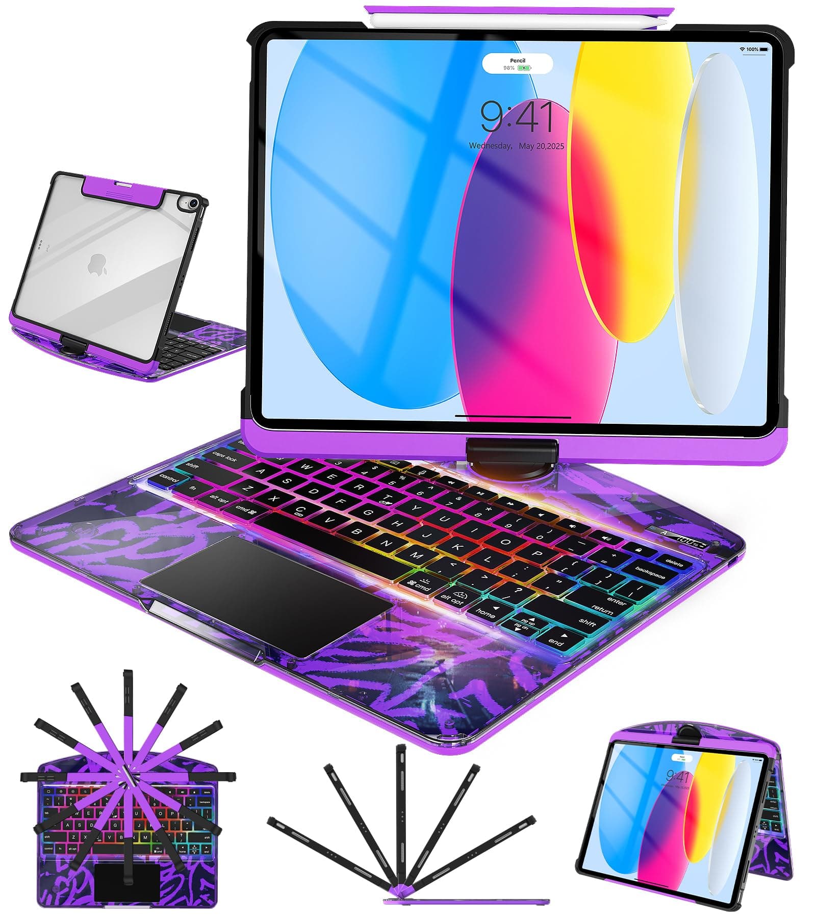 Auupgo Transparent Keyboard Case with Trackpad for iPad 11th Gen A16 (2025) & 10th Gen 10.9" (2022), 7-Color Backlit Wireless Bluetooth Keyboard with 360 Rotating Stand & Pencil Holder, Purple