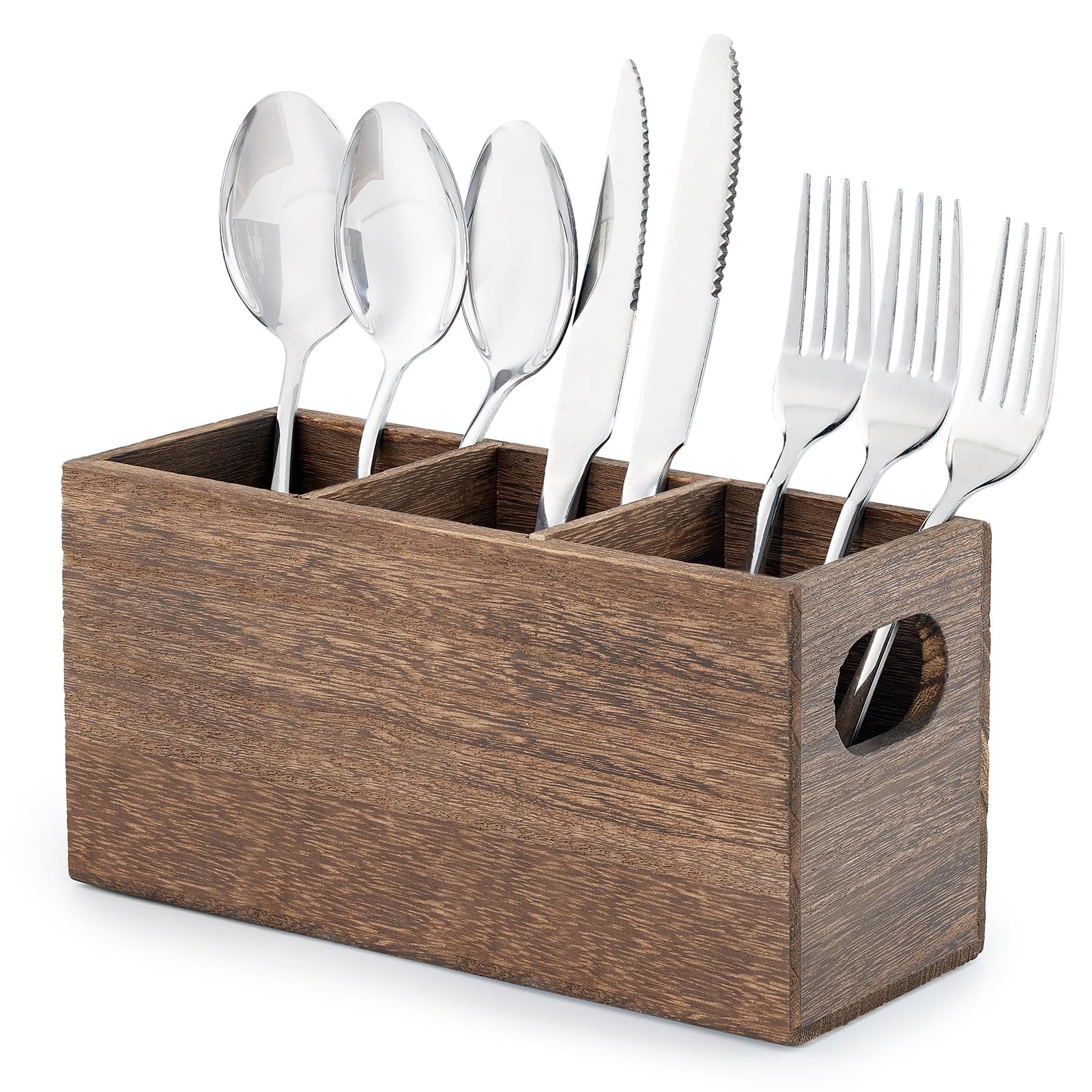 VIVIRBIEN Wooden Silverware Holder,Kitchen Utensil Caddy with 3 Compartments,Cutlery Storage Organizer Countertop,Flatware Organizer for Party,Spoon, Fork Holder