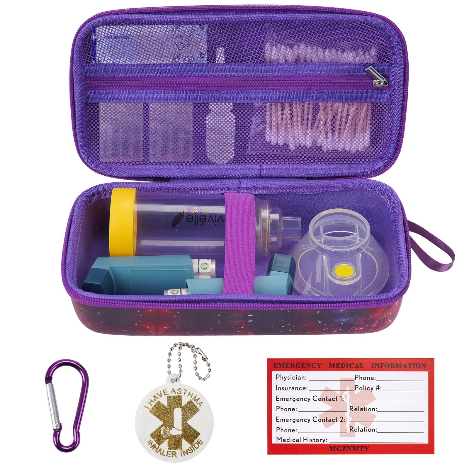 MGZNMTY Travel Carrying Case Compatible with Asthma Inhaler Spacer for Adults and Children, Masks, Inhaler Holder with Asthma Alert Tag and Medical Card, Carabiner (Only Case) (Galaxy)