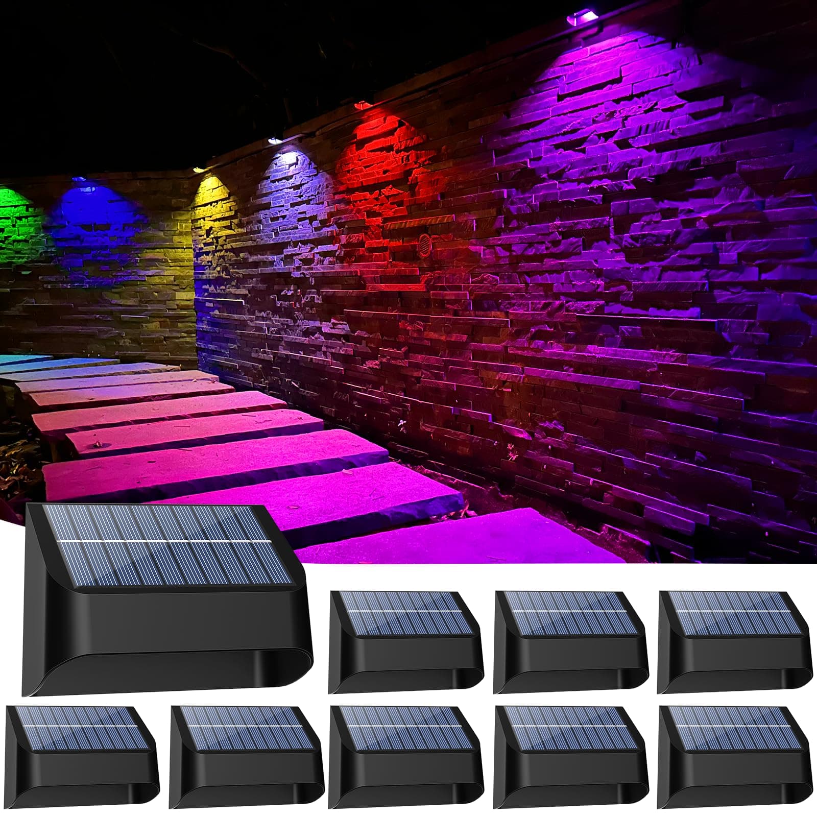 Yivsen Solar Fence Lights, Warm White & RGB Fence Lights Outdoor Step Lights Outdoor Waterproof LED Solar Lighting for Outside, Backyard, Patio, Deck, Stair Handrail, Pool and Wall(8 Pack,Black)