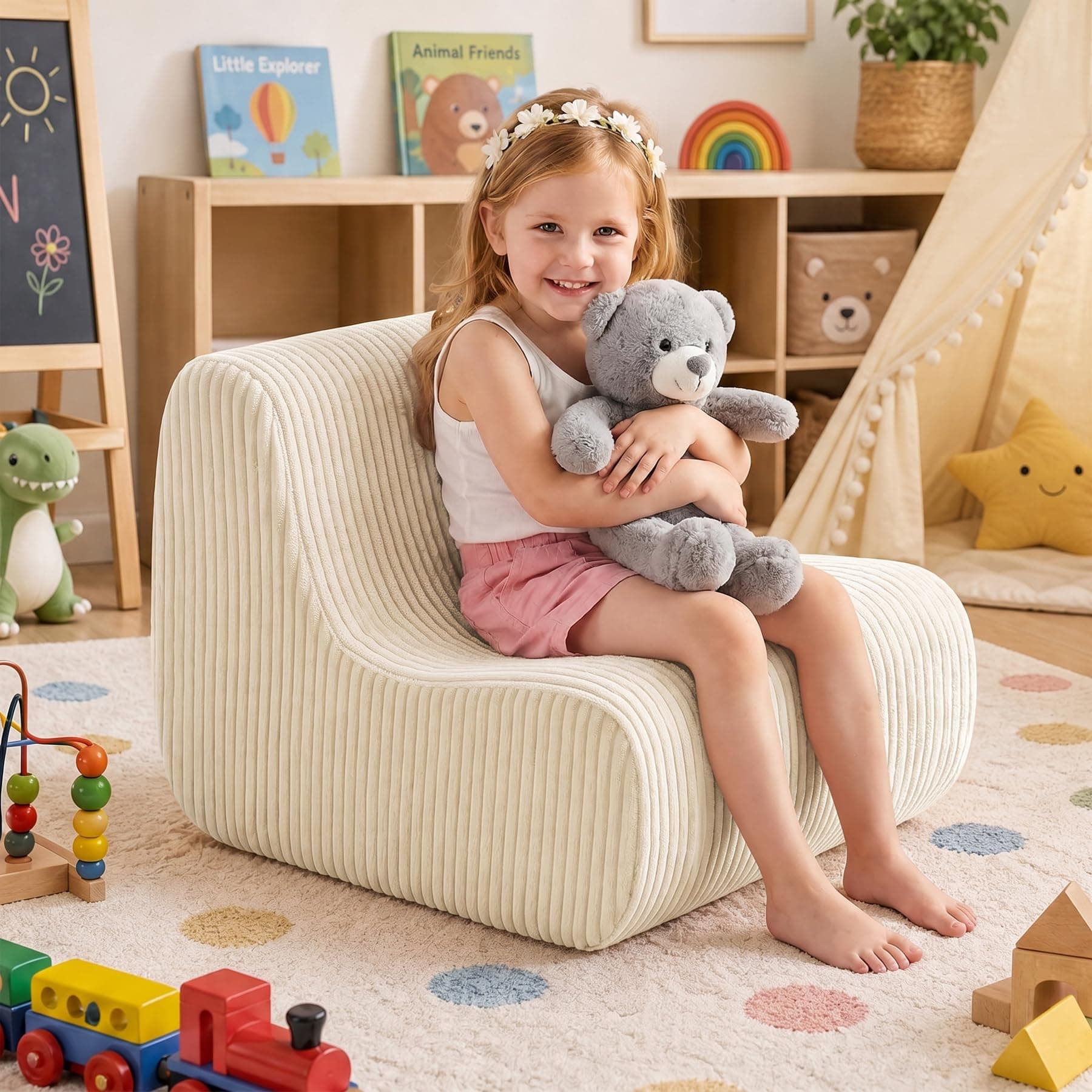 DAICO Kids Bean Bag Chair Beige, Ultra-Soft Toddler Bean Bag Sofa with Foam, Small Toddler Comfy Lazy Lounger Chairs for Playroom or Bedroom - Christmas Birthday Gift for Boys and Girls