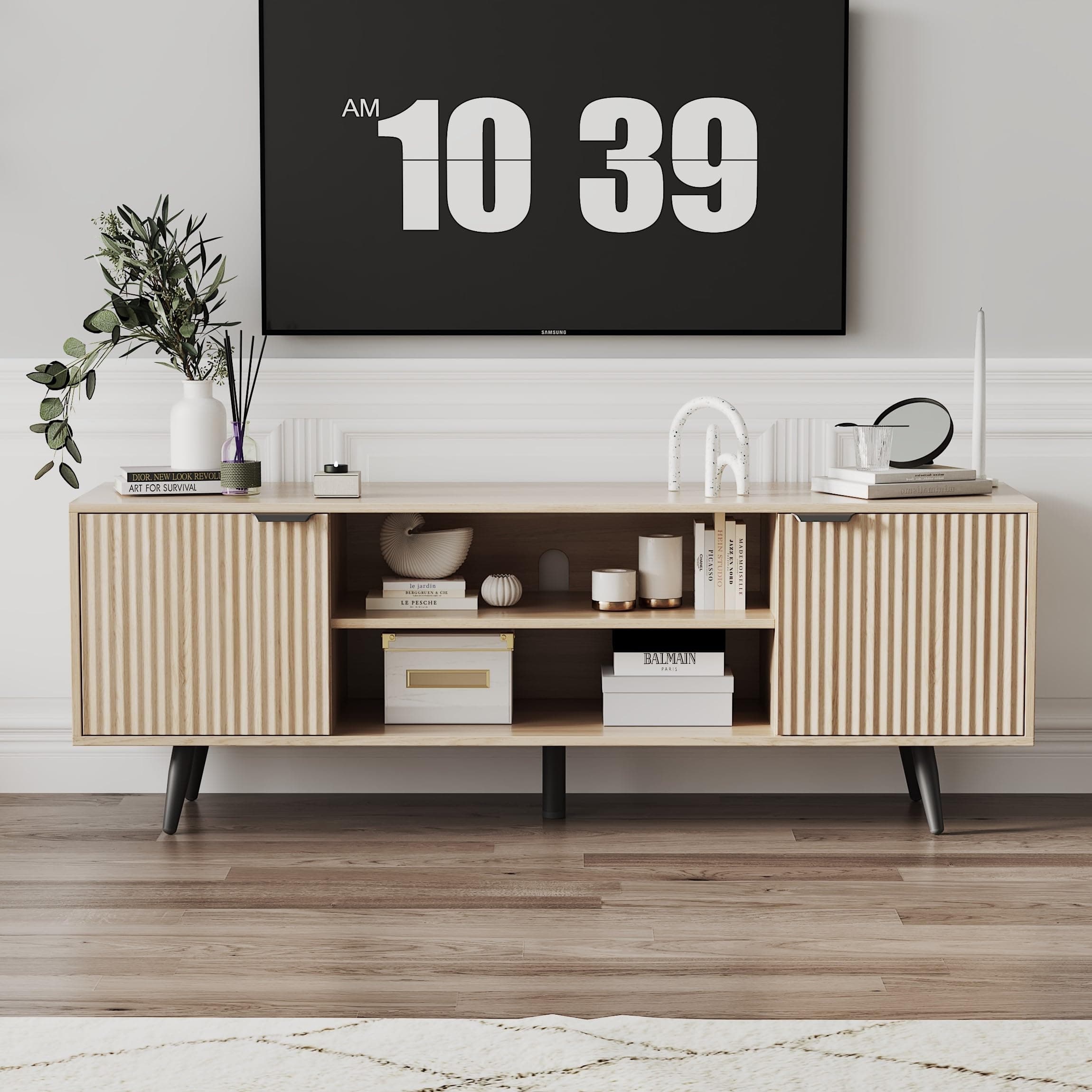 LZLUOB Modern TV Stand with Storage Cabinet, Wood Fashionable TV Cabinet with Waveform Panel and Adjustable Shelf, Entertainment Center TV Stand for TV, Living Room (Cream Yellow Wood Grain)