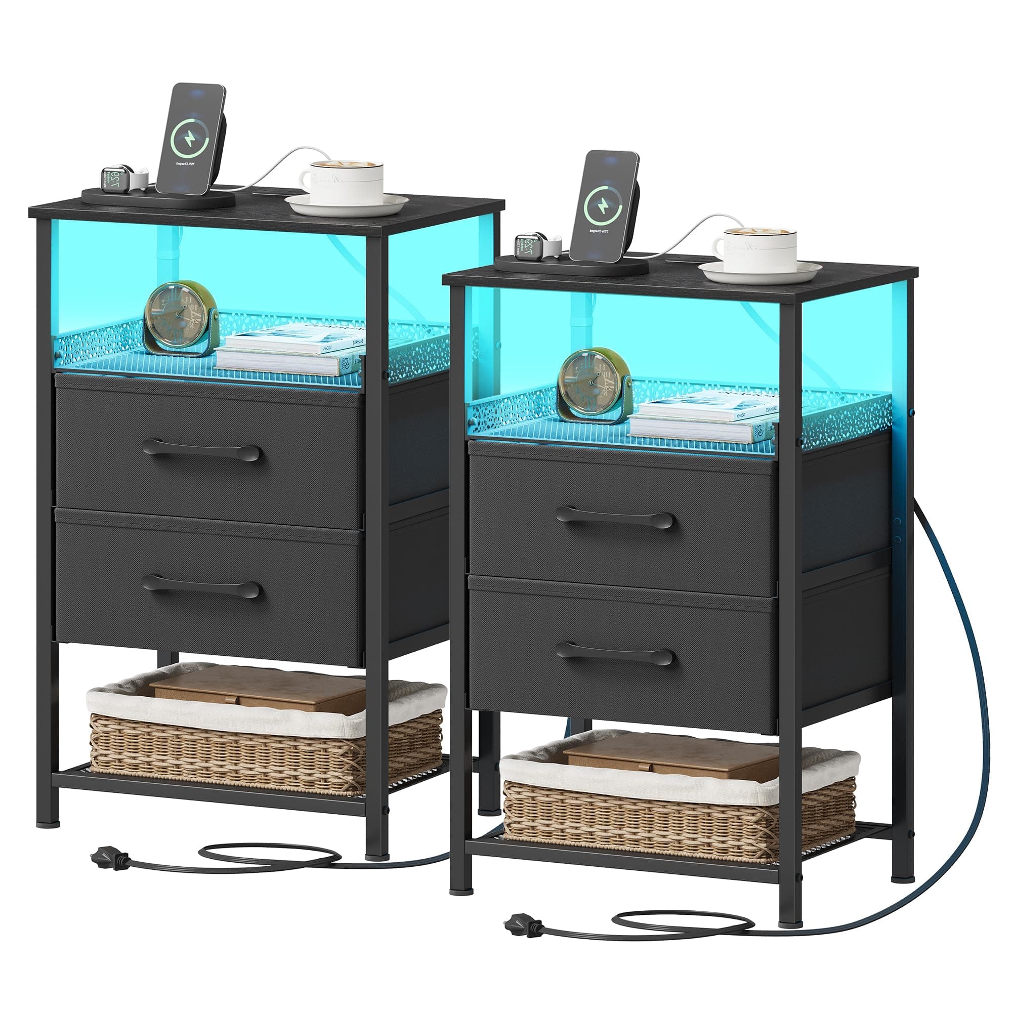 JARHETUN Nightstand Set 2 with Charging Station, Night Stand with LED Lights, Side Table with Fabirc Drawers, 3-Tier Storage End Table, Bedside Tables for Bedroom, Black