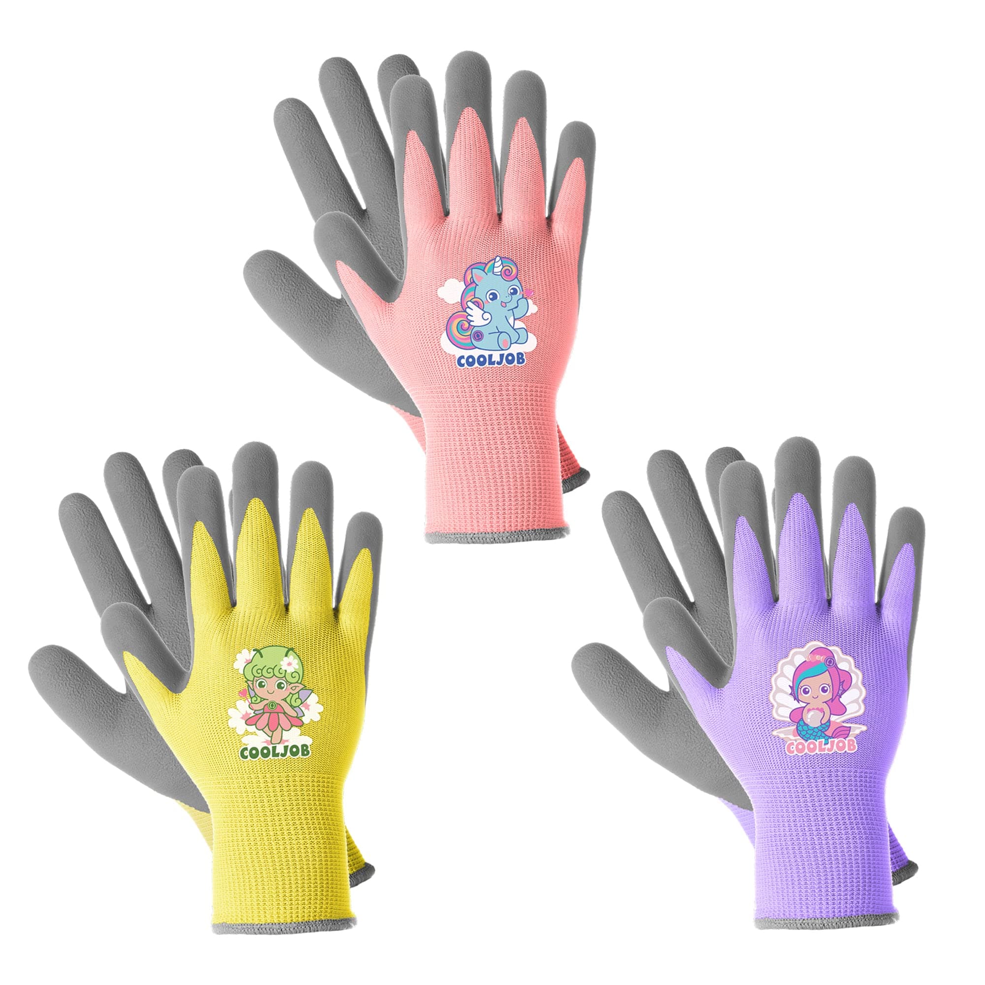 COOLJOB 3 Pairs Kids Gardening Gloves, Rubber Coated Palm, Age 9-12, Size L