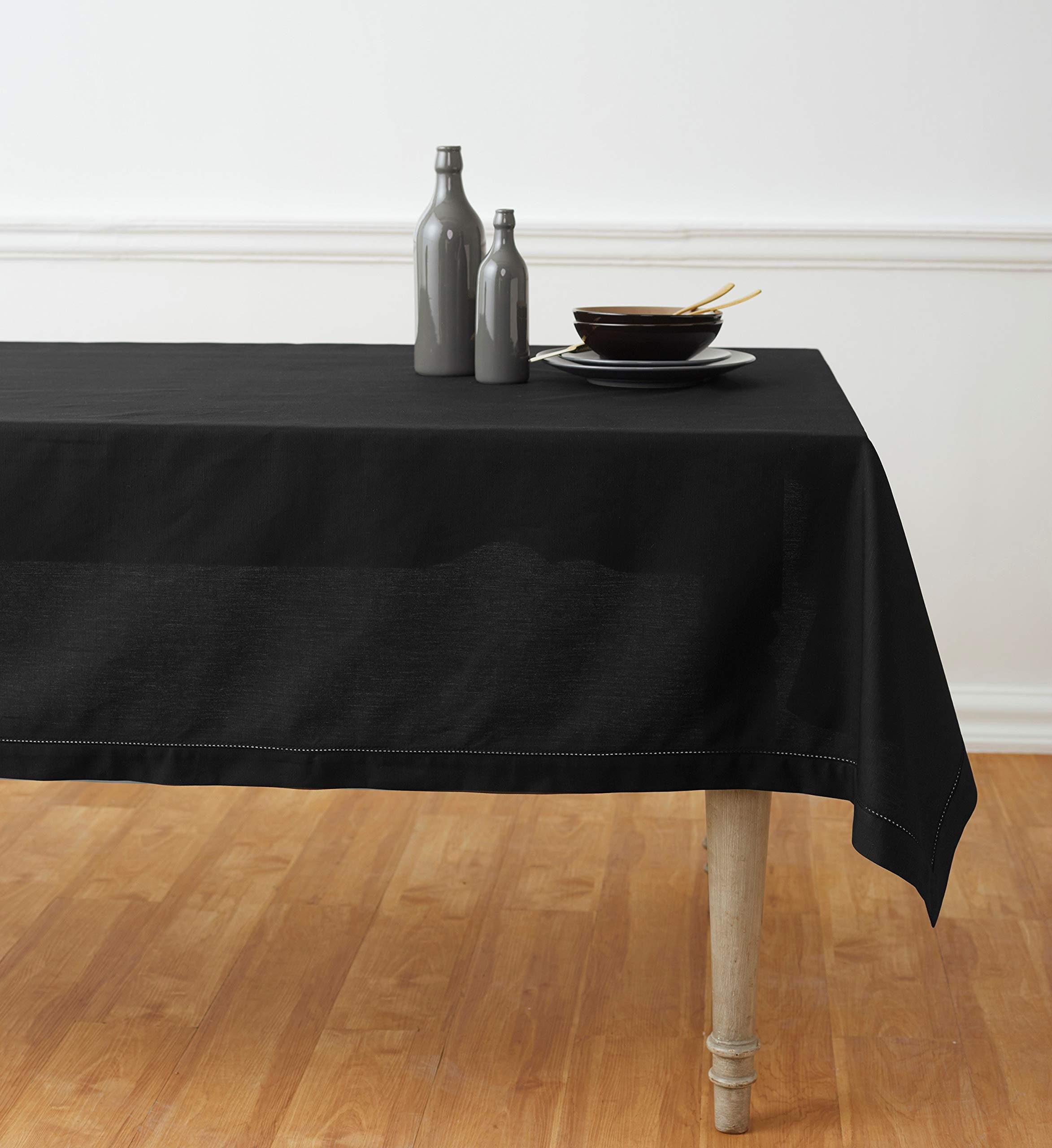 Solino Home Cotton Linen Tablecloth Black, Hemstitch Collection 54 x 72 in