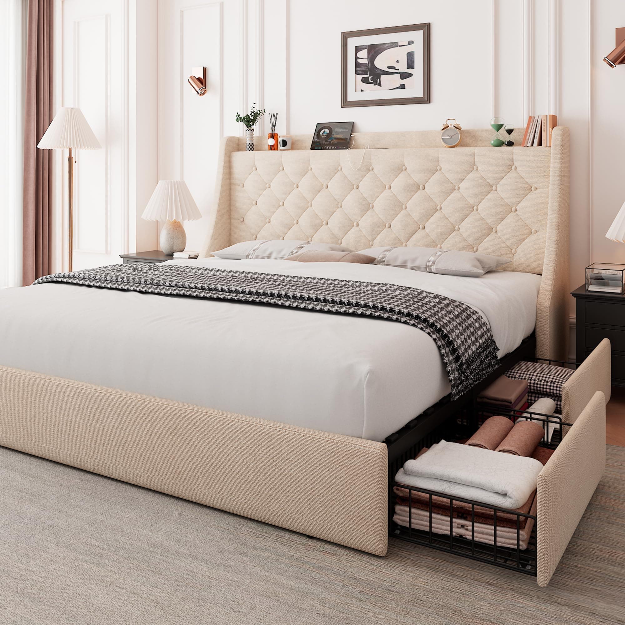 Feonase Queen Size Bed Frame with 4 Storage Drawers, Upholstered Bed with Wingback Headboard, Charging Station, No Box Spring Needed, Beige
