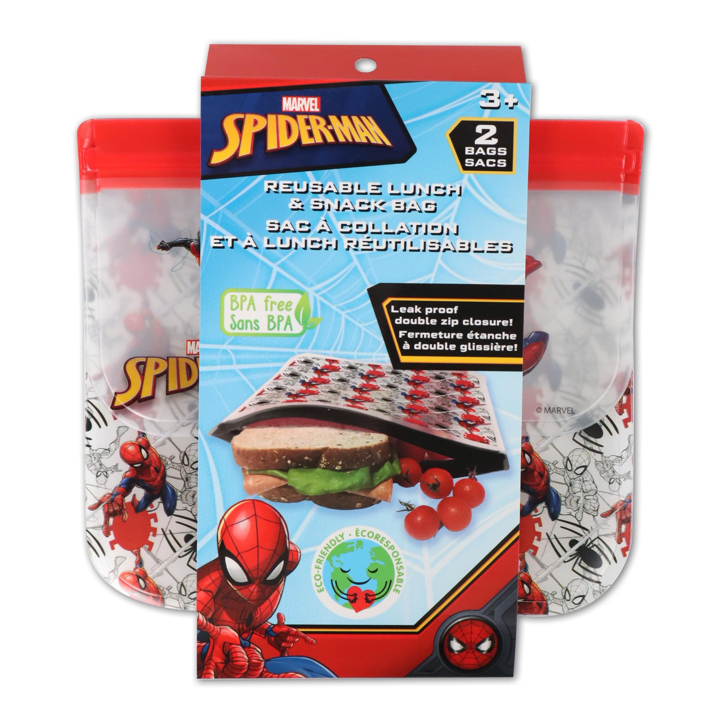 PEVA REUSABLE SNACK BAG 2 PK, FOR KIDS SCHOOL LUNCH, WASHABLE AND FOOD-SAFE- SPIDER-MAN