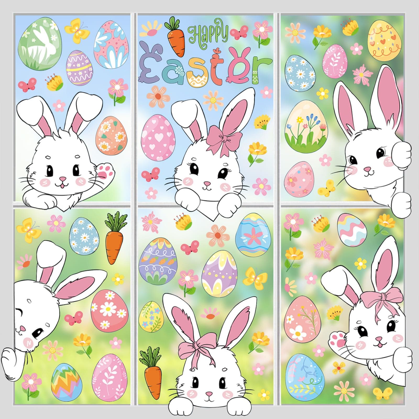 84PCS Easter Window Clings for Glass, Cute Bunny Eggs Stickers Easter Window Decals for Holiday Home Office School Classroom Party Decorations