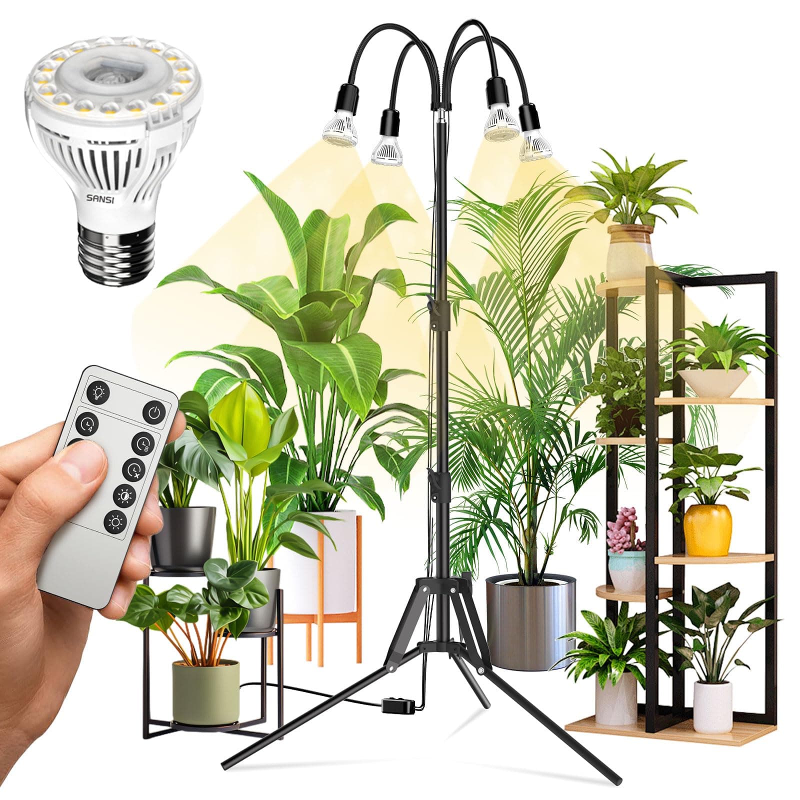 SANSI 4-Head Tripod LED Grow Light, Dimmable, 35-64in Adjustable, Remote