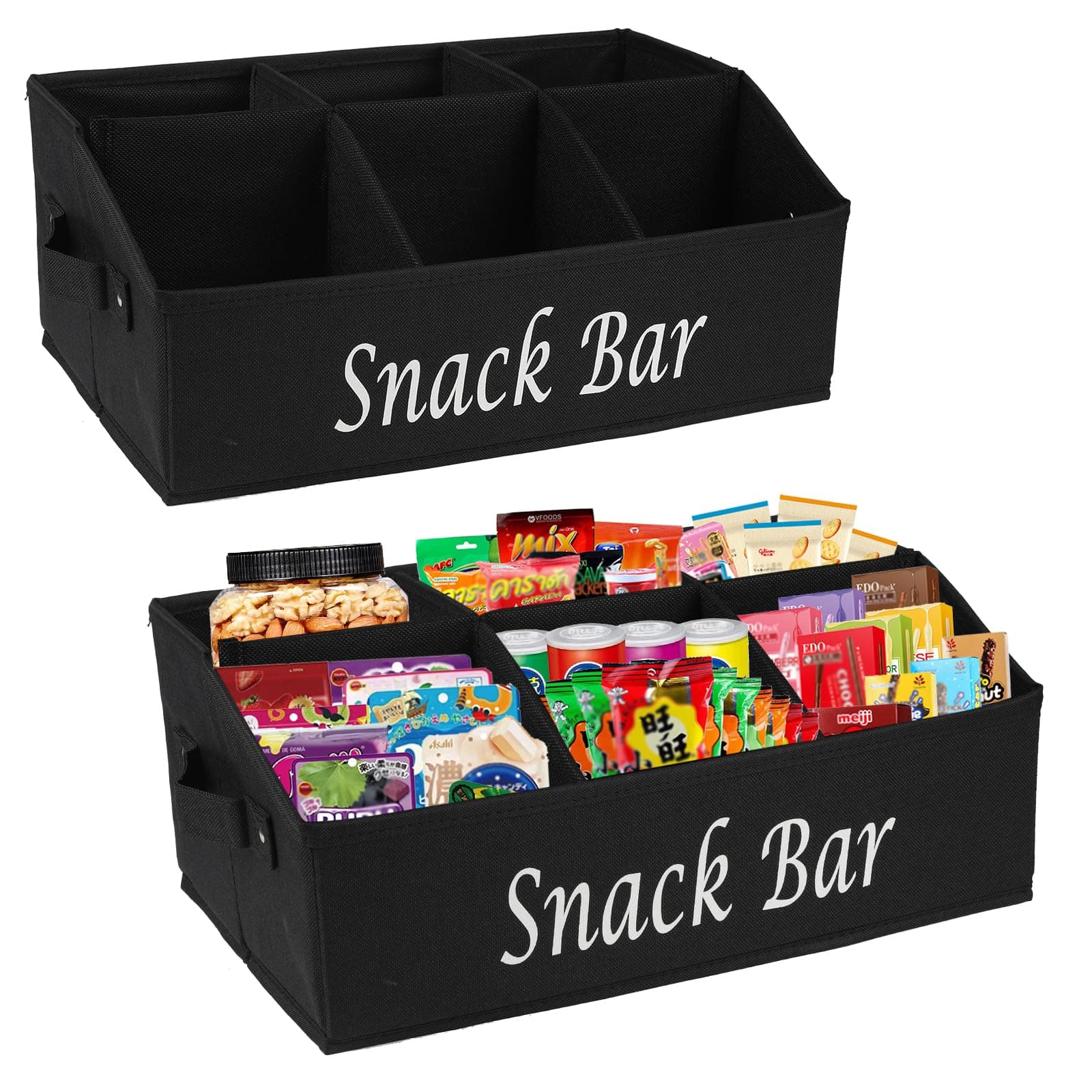 Xbopetda 2 Pack Snack Organizer for Countertop with Handles - 6 Compartment Box Basket, Bar Station, Kitchen Cabinet Pantry Storage - Black