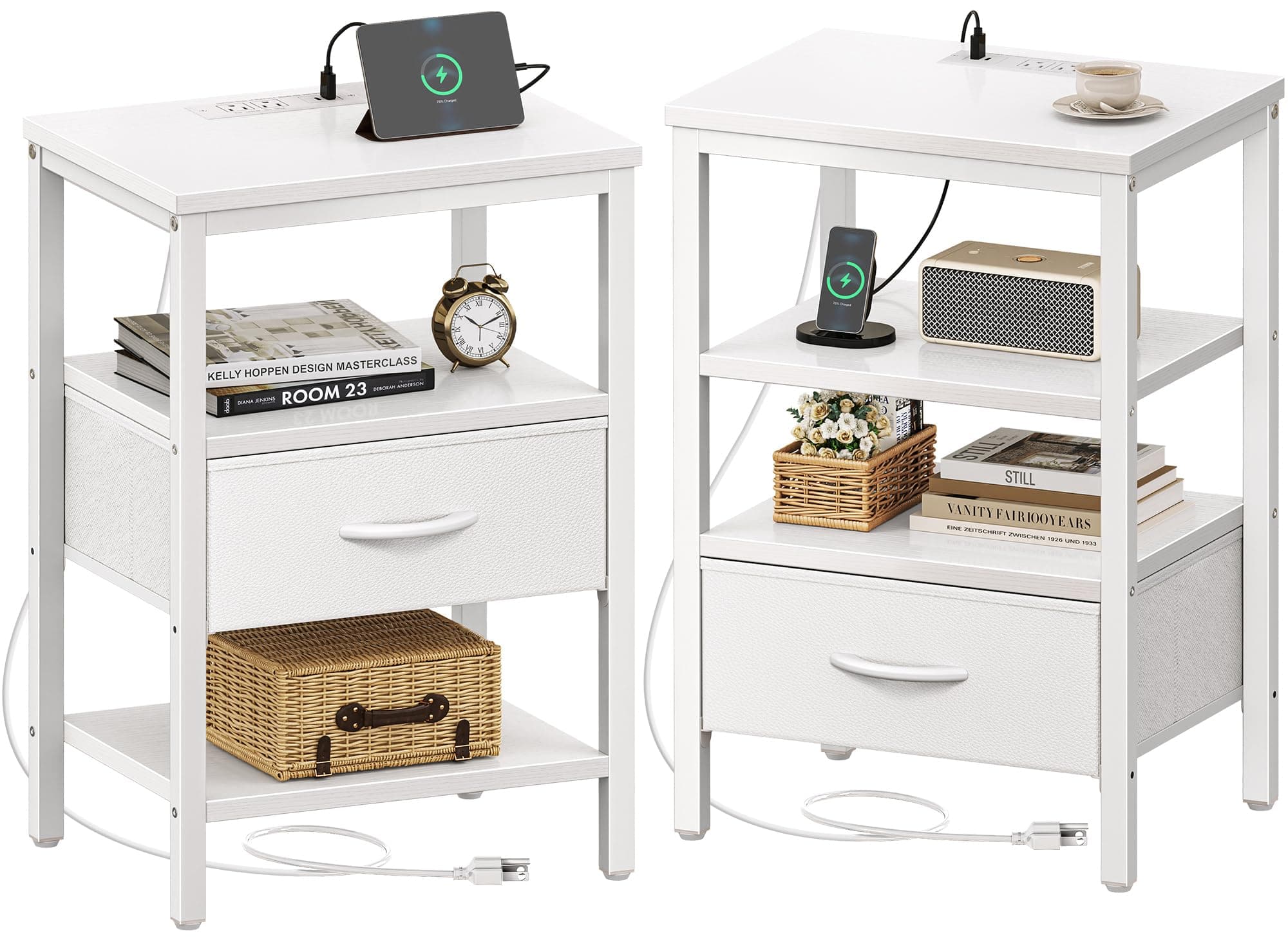 SUPERJARE Nightstand Set of 2, Bed Side Tables with Charging Station, Adjustable Fabric Drawer, Night Stand for Bedroom, 3-Tier Storage End Tables, White, 8694WC