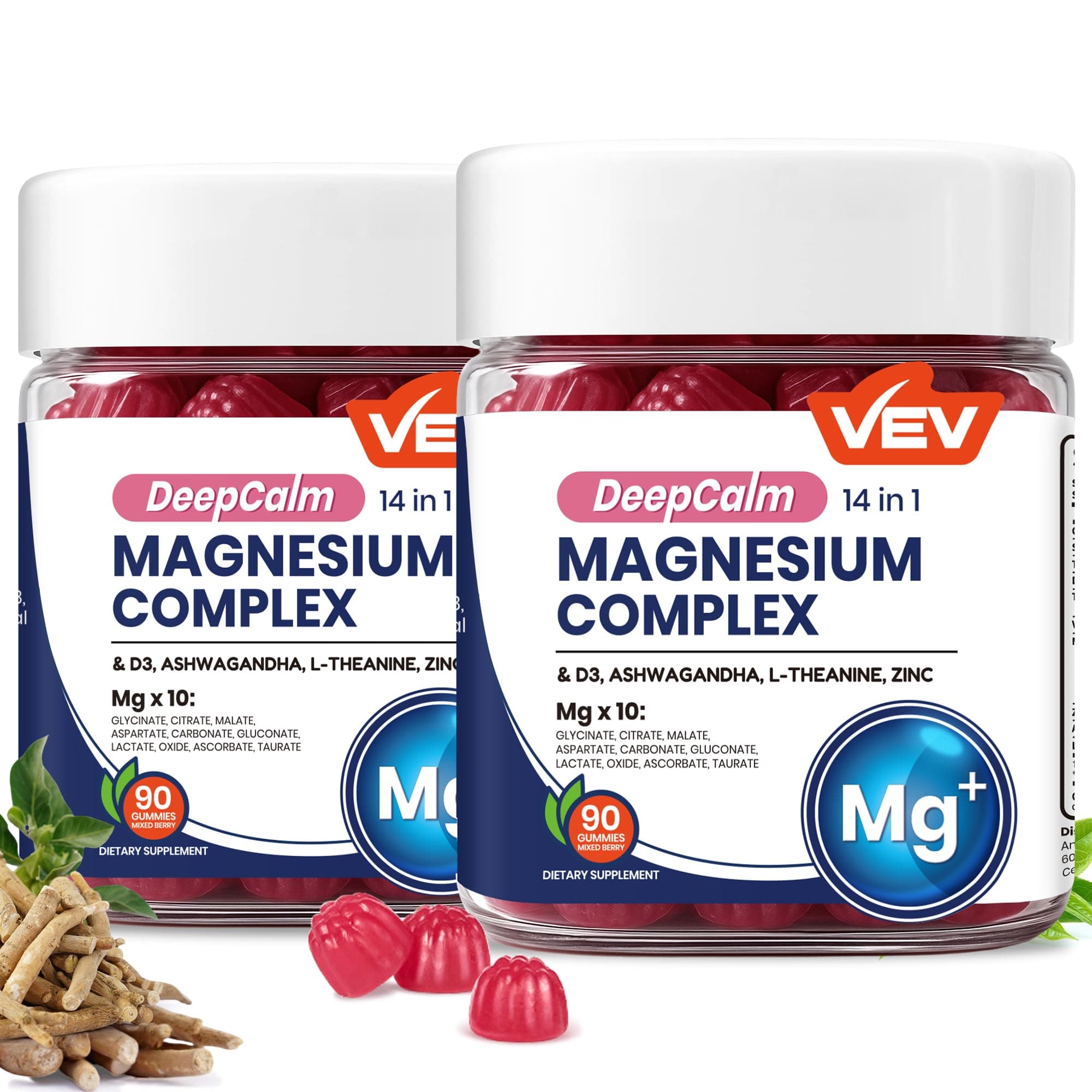 VEV Deep Calm Magnesium Complex 14-in-1 Gummies with Ashwagandha, L-Theanine, Vitamin D3 & Zinc for Women and Men, Vegan Magnesium Glycinate Gummies, 180 Gummies Total, Pack of 2