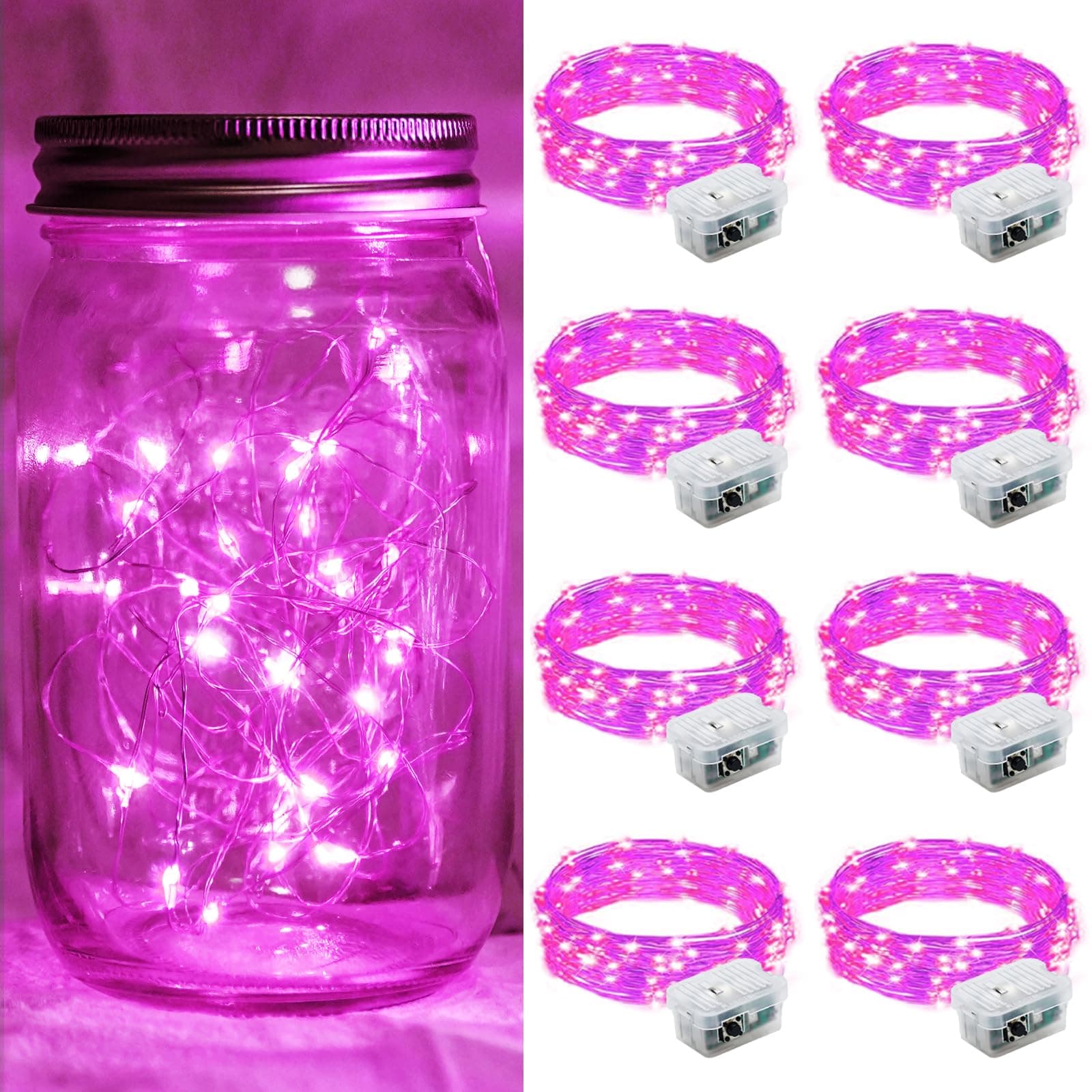 chzk 8 Pack Fairy Lights Battery Operated 7FT 20 LED Mini String Lights with 3 Lighting Modes Waterproof Twinkle Lights for Easter Halloween Christmas Mason Jars Party Decor(Pink)