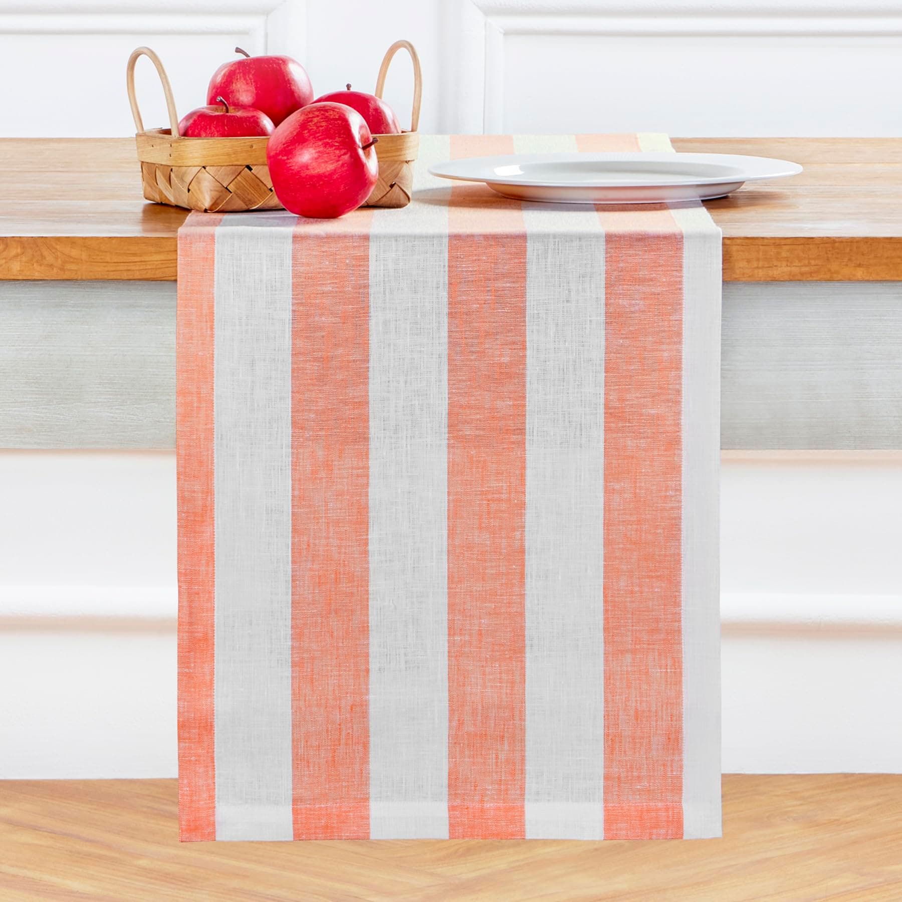 Solino Home 100% Linen Table Runner, 14 x 120 in, Salmon and White Striped