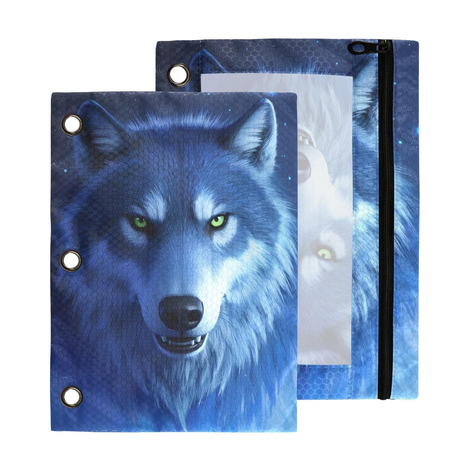 MUCEXQ Galaxy Wolf Pencil Pouches for 3 Ring Binder,2 Pack 3 Ring Binder Pencil Case With Zipper Reinforced Grommets,Pencil Bags for Office Organizers