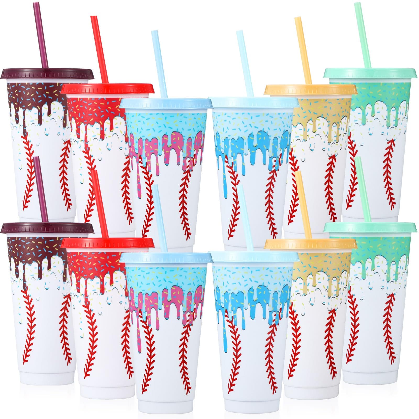 Yungyan 12 Pcs 24 oz Ice Cream Baseball Plastic Cups with Lids and Straws Ice Cream Drip Reusable Cups Iced Coffee Tumbler Cold Drinking Travel Mug Water Bottle Summer Party Supplies(Baseball,White)