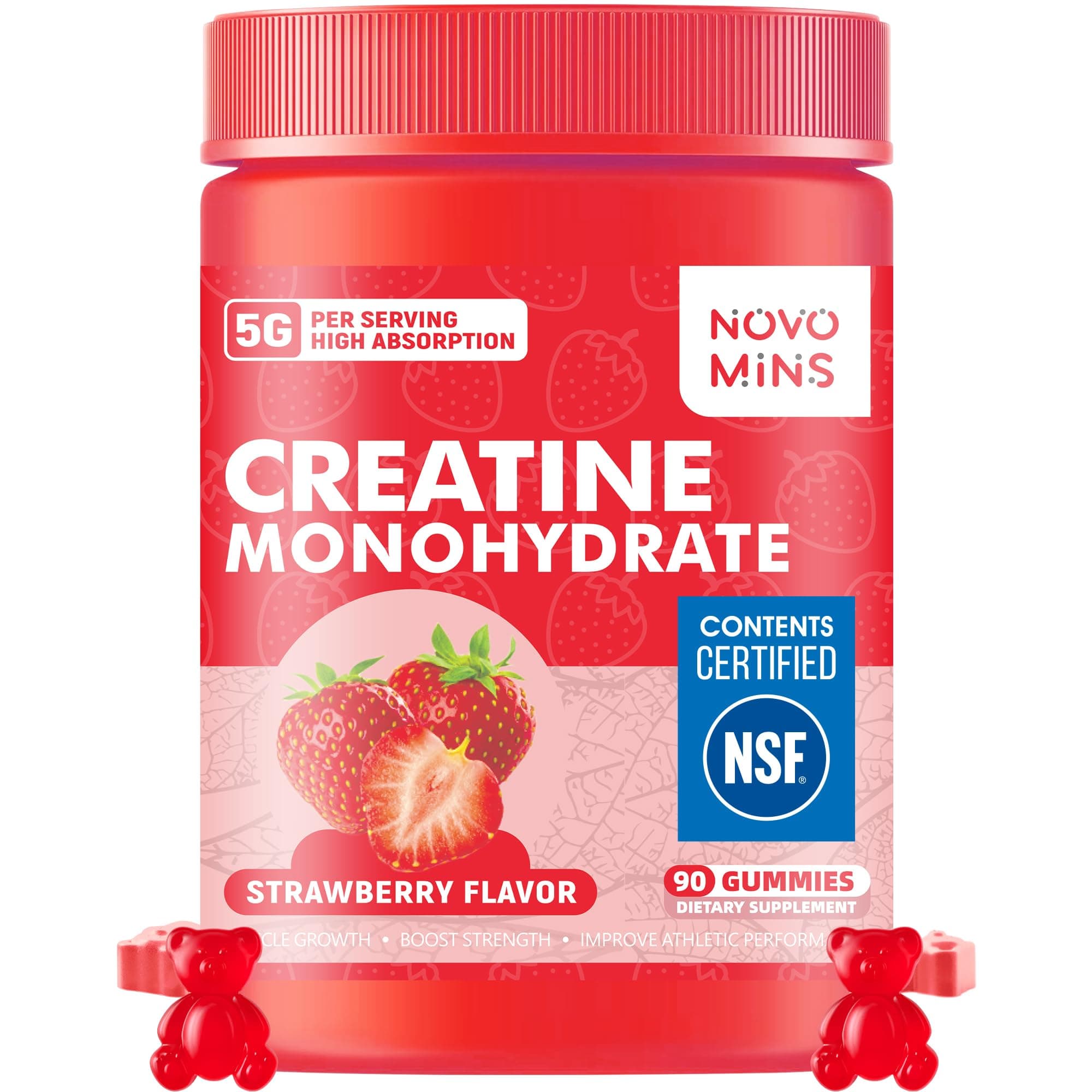 Novomins Creatine Monohydrate Gummies 5000mg for Men & Women, Chewables Creatine Monohydrate for Muscle Strength, Muscle Builder, Energy Boost, Pre-Workout Supplement(90 Count)-Strawberry Flavor