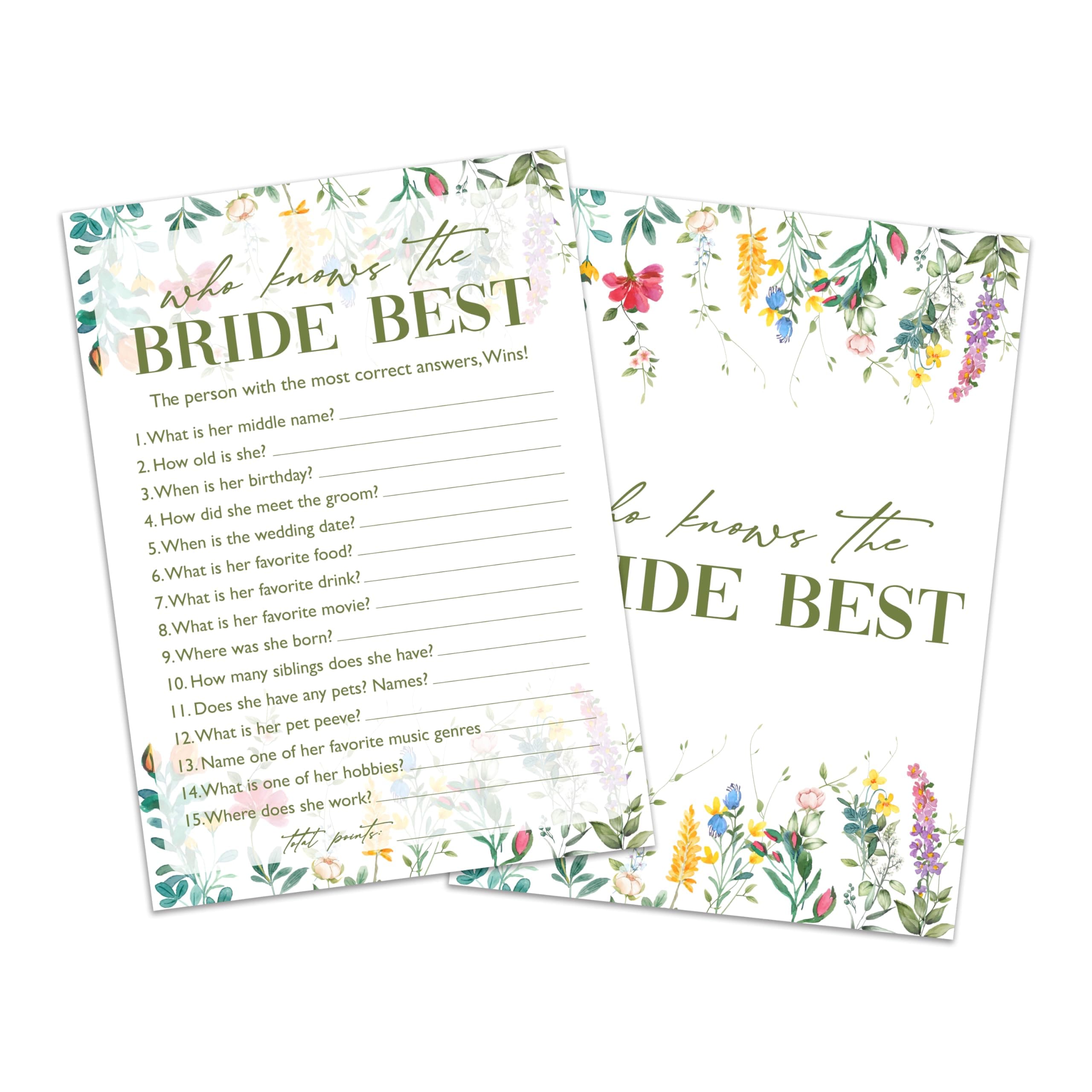 QUDNCR Who Knows The Bride Best Game Cards, Wildflower Bridal Shower Games Card, Floral Wedding Shower Games Set, 25 Game Cards for Bridal Shower Wedding Bachelorette Engagement, 02