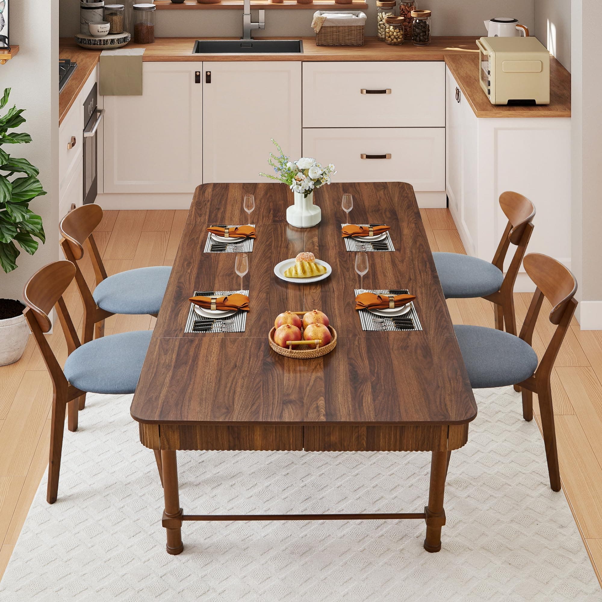 78 Inch Fluted Kitchen Dining Table for 6 8 10, Large Rectangular Kitchen Table with Drawers, Modern Farmhouse Long Dinner Table Dining Room Tables with Solid Wood Legs for Home Living Room, Walnut