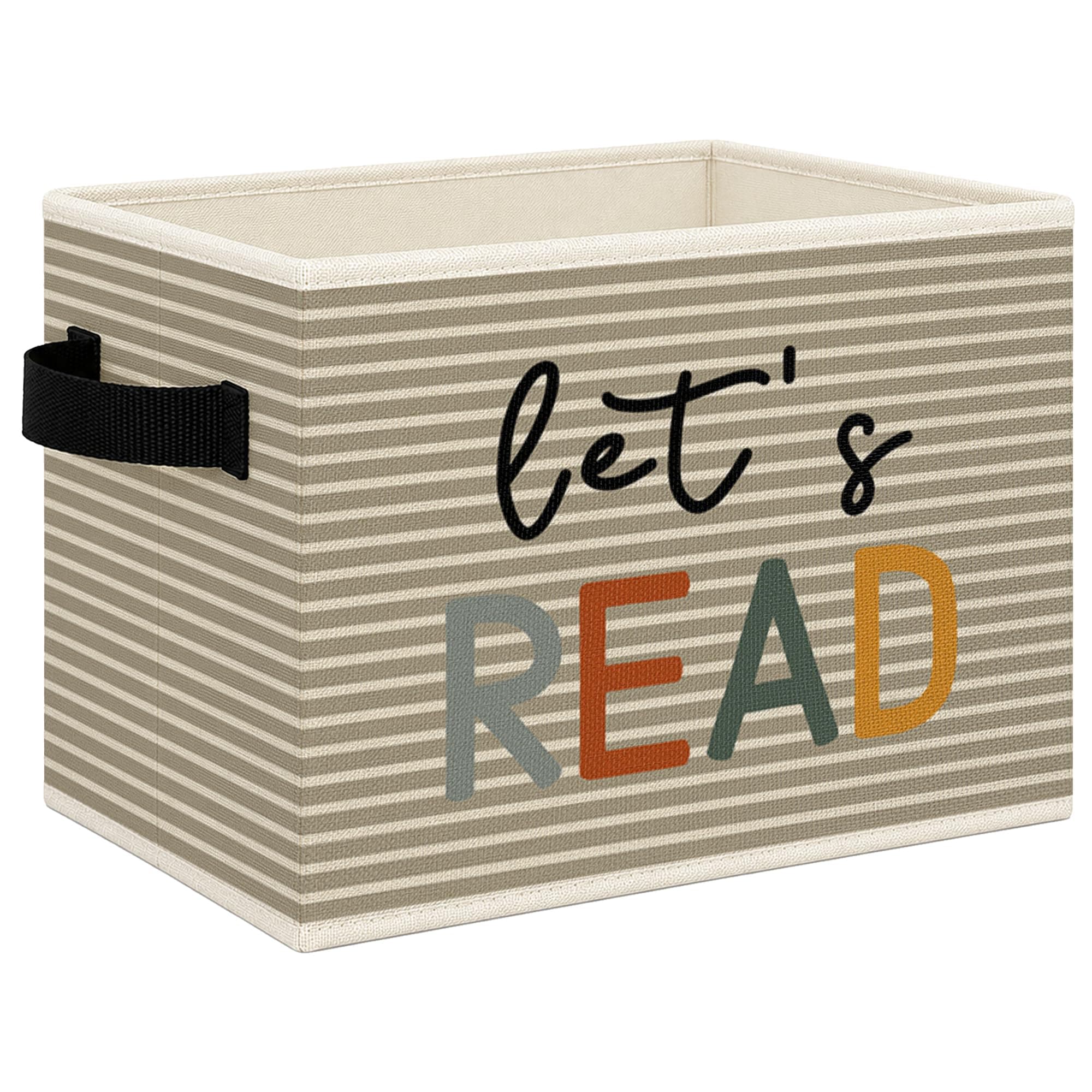 Mcehtle Kids Nursery Book Foldable Storage Bins Box with Handles, Neutral Striped Let's Read Book Collapsible Toys Books Clothes Organizer Basket for Kids Nursery Reading Room Bedroom Classroom