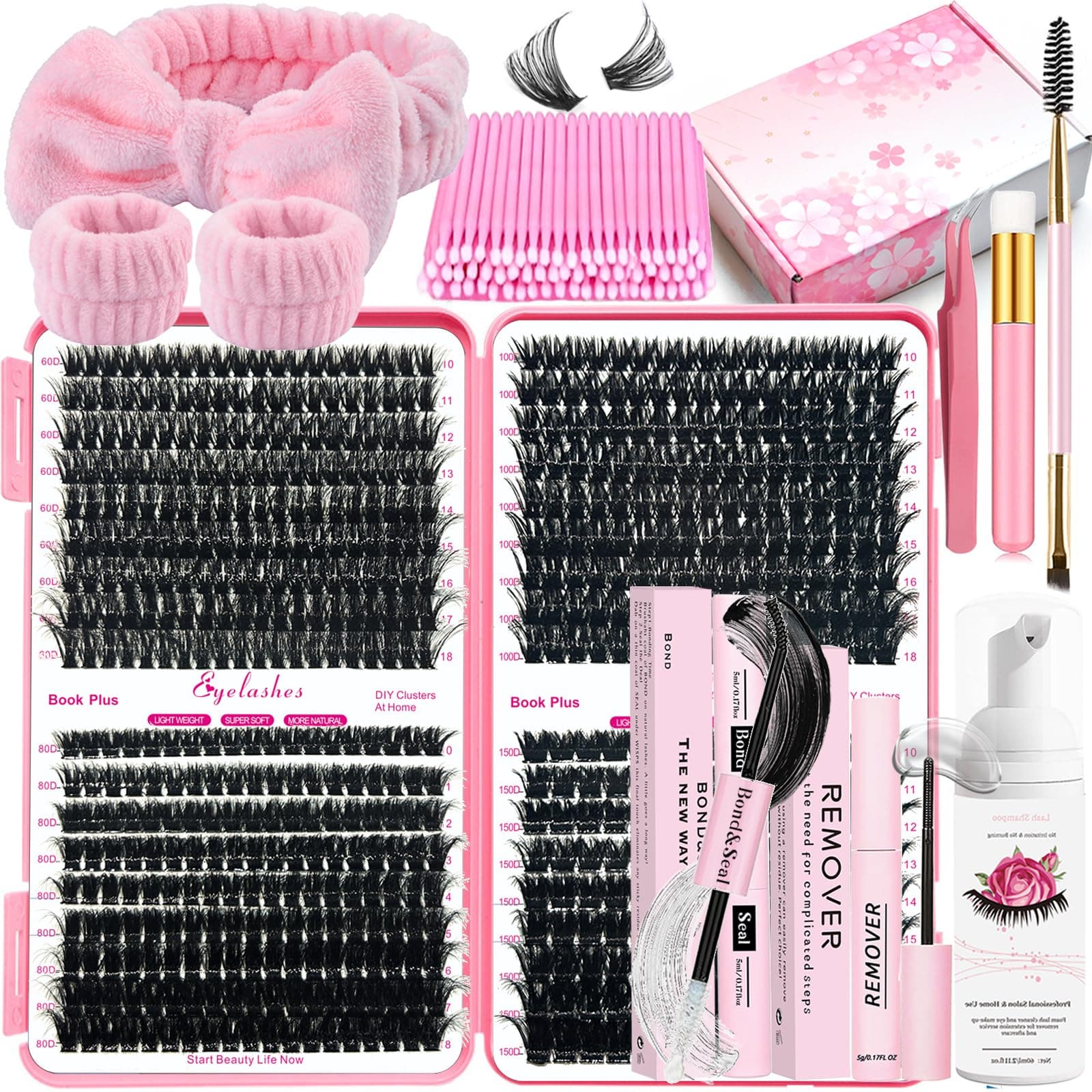 DNSGOOR DIY Lash Extension Kit 630Pcs 10-18mm D Curl Lashes Clusters with Lash Bond and Seal Glue Remover Lash Shampoo Cleansing Brush Headband Wristband Tweezers Eyelash Brush Applicator