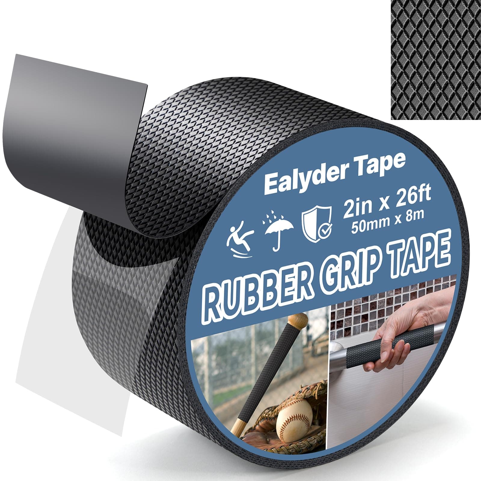 2" x 26FT Rubber Grip Tape Black Ultra-Thin Anti-Slip Tape for Handles