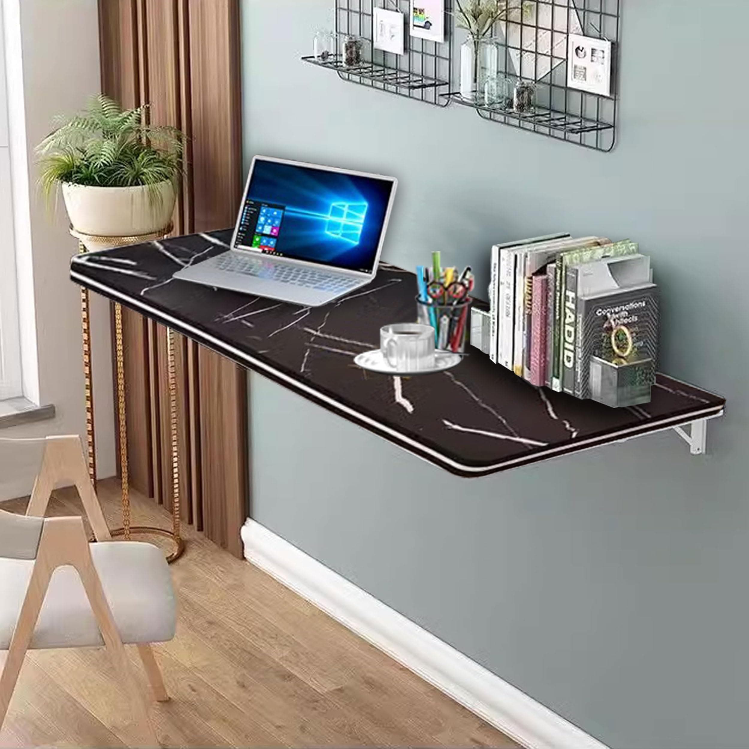 SKVSKV Folding Wall Desk,Wall Mounted Folding Table, Fold Down Table for Wall Small Spaces,Home Laundry Room Office Computer Workstation,Study Work Bench, Kitchen Dining (Black 35.4"×19.7")