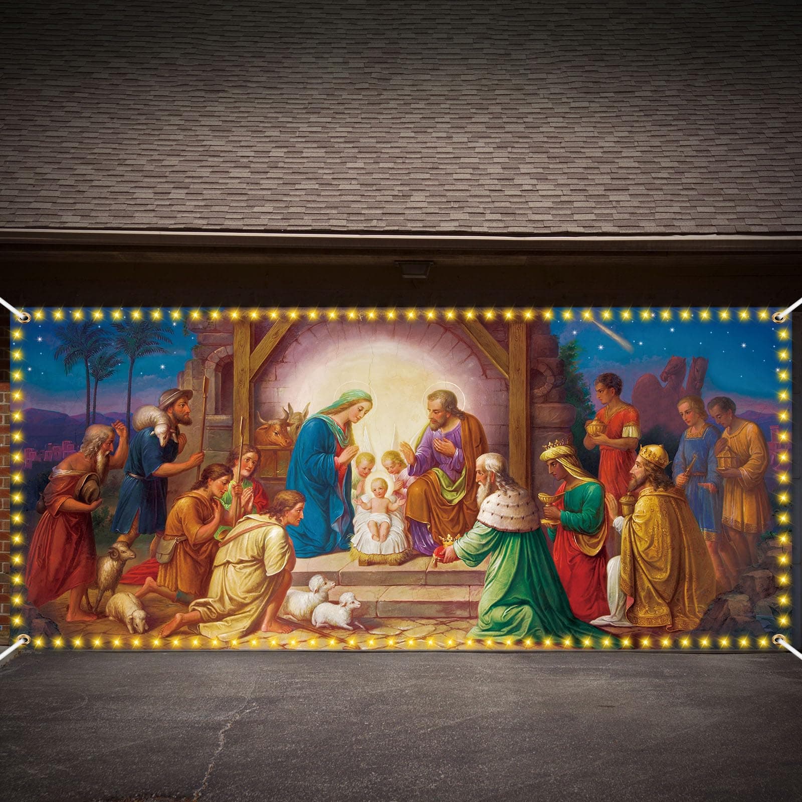 Tatuo 7' x 16' Christmas Nativity Garage Door Banner Cover with LED Light Nativity Garage Door Banner Christmas Backdrop Decoration for Nativity Scene Cover Outdoor Holiday Party