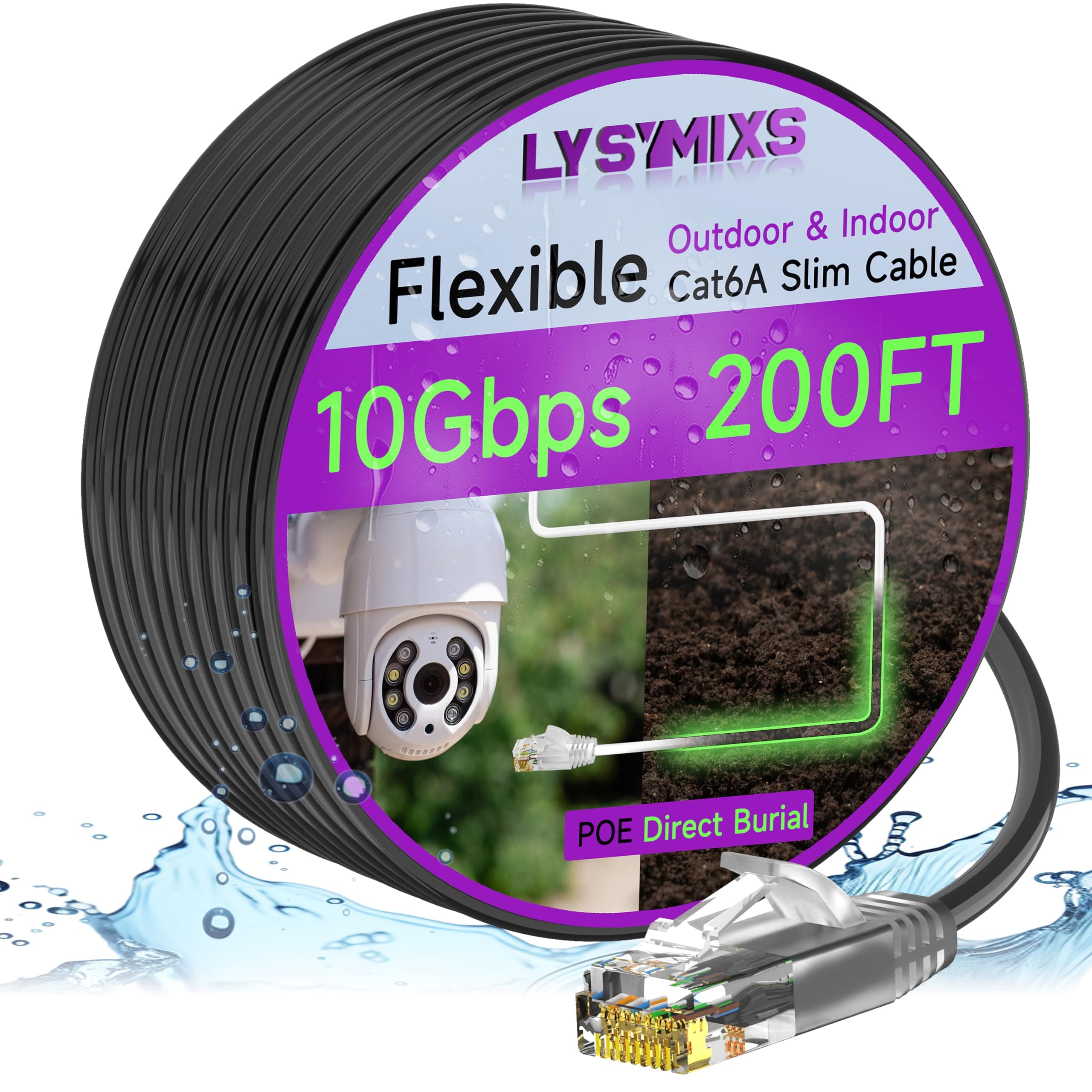 Lysymixs Cat 6 Outdoor Slim Ethernet Cable 200 ft, 10Gbps Cat6 Patch Cable Waterproof Direct Burial LLDPE UV Jacket, Internet Network Cable Pure Copper Support POE, Black