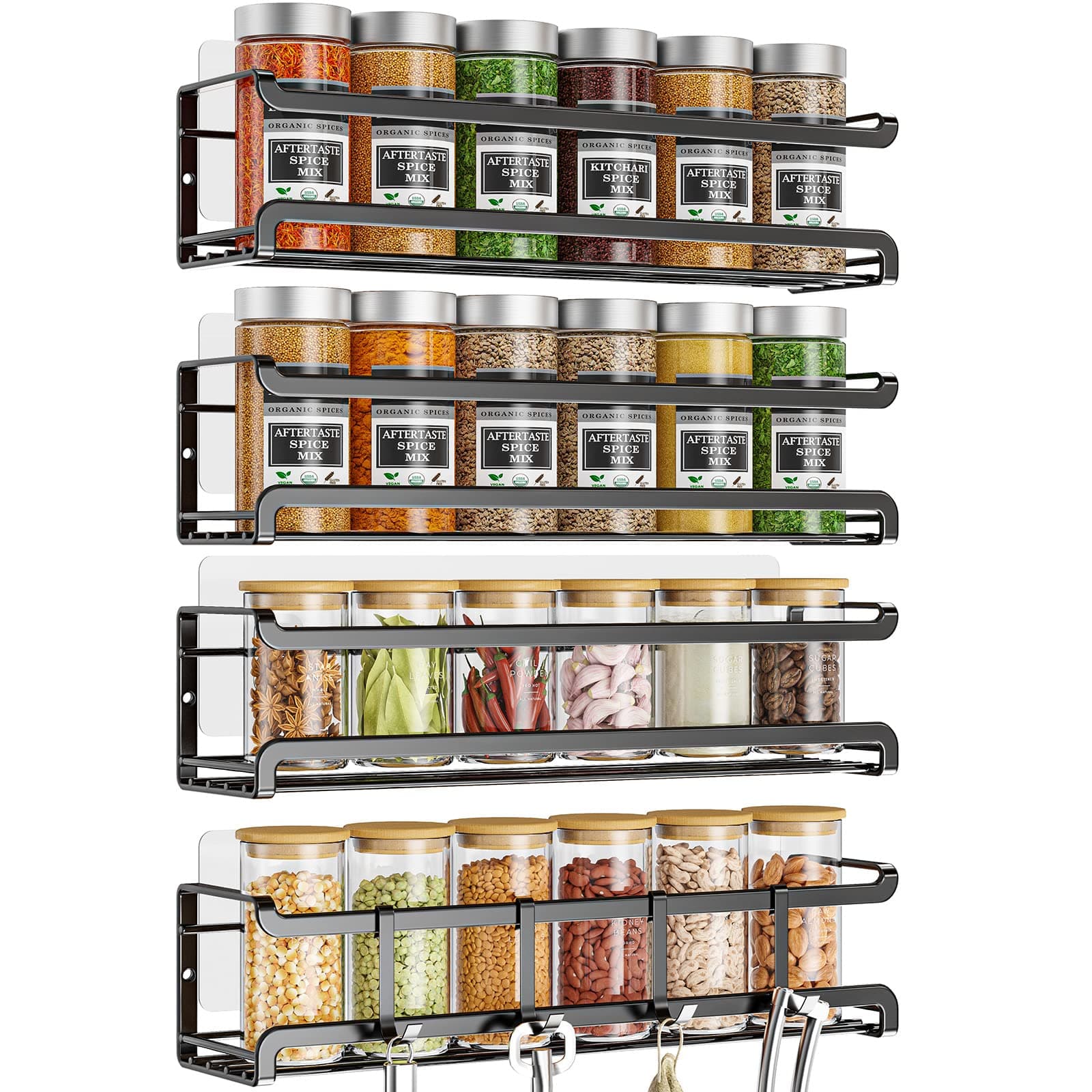 Spice Rack Wall Mounted 4 Pack, Black,For Spice Jars & Seasonings