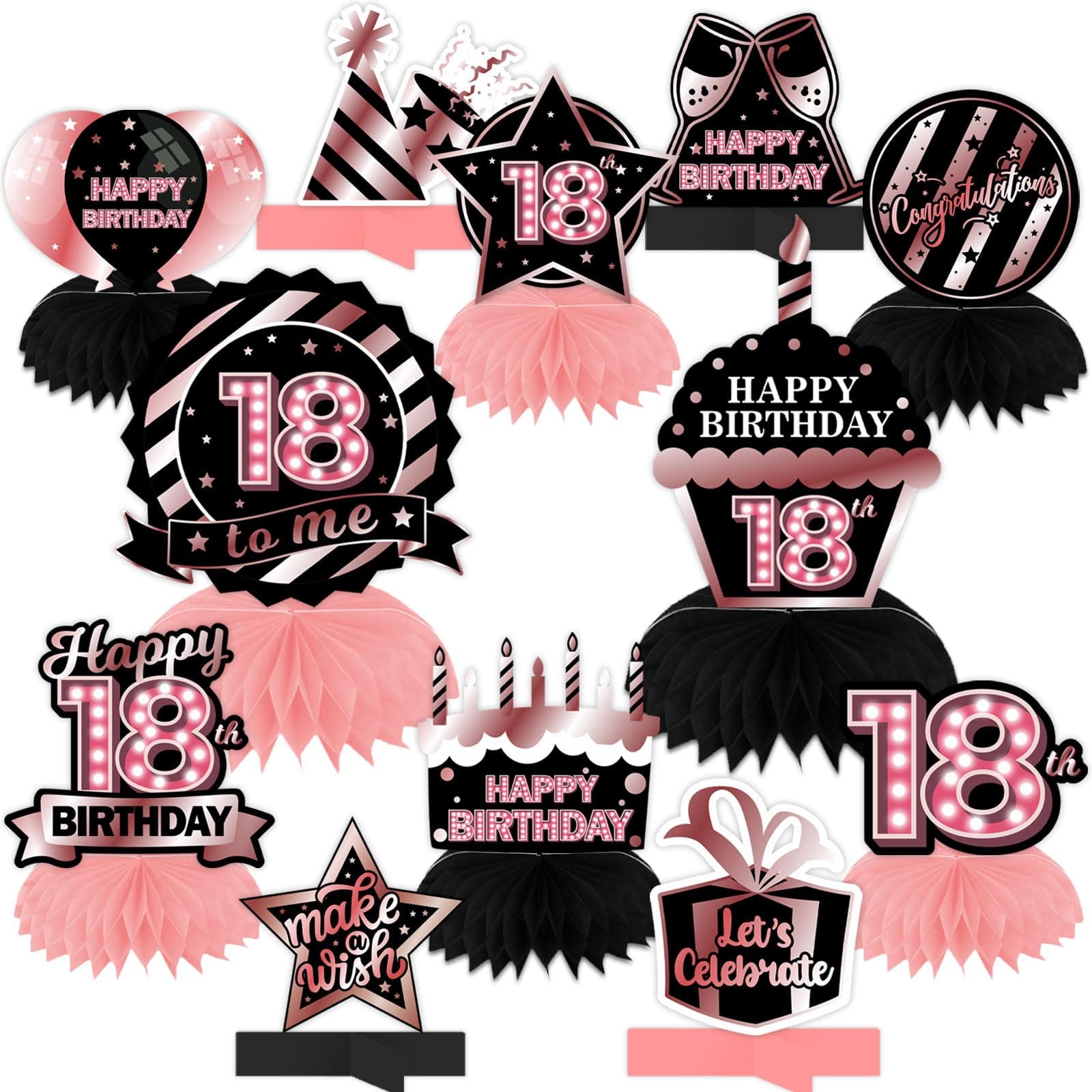 Happy 18th Birthday Rose Gold and Black Table Honeycomb Centerpieces Balloons Theme Decor Table Decorations Table Toppers for Girls Women Princess 18 Years Old Birthday Party Bday Supplies Background