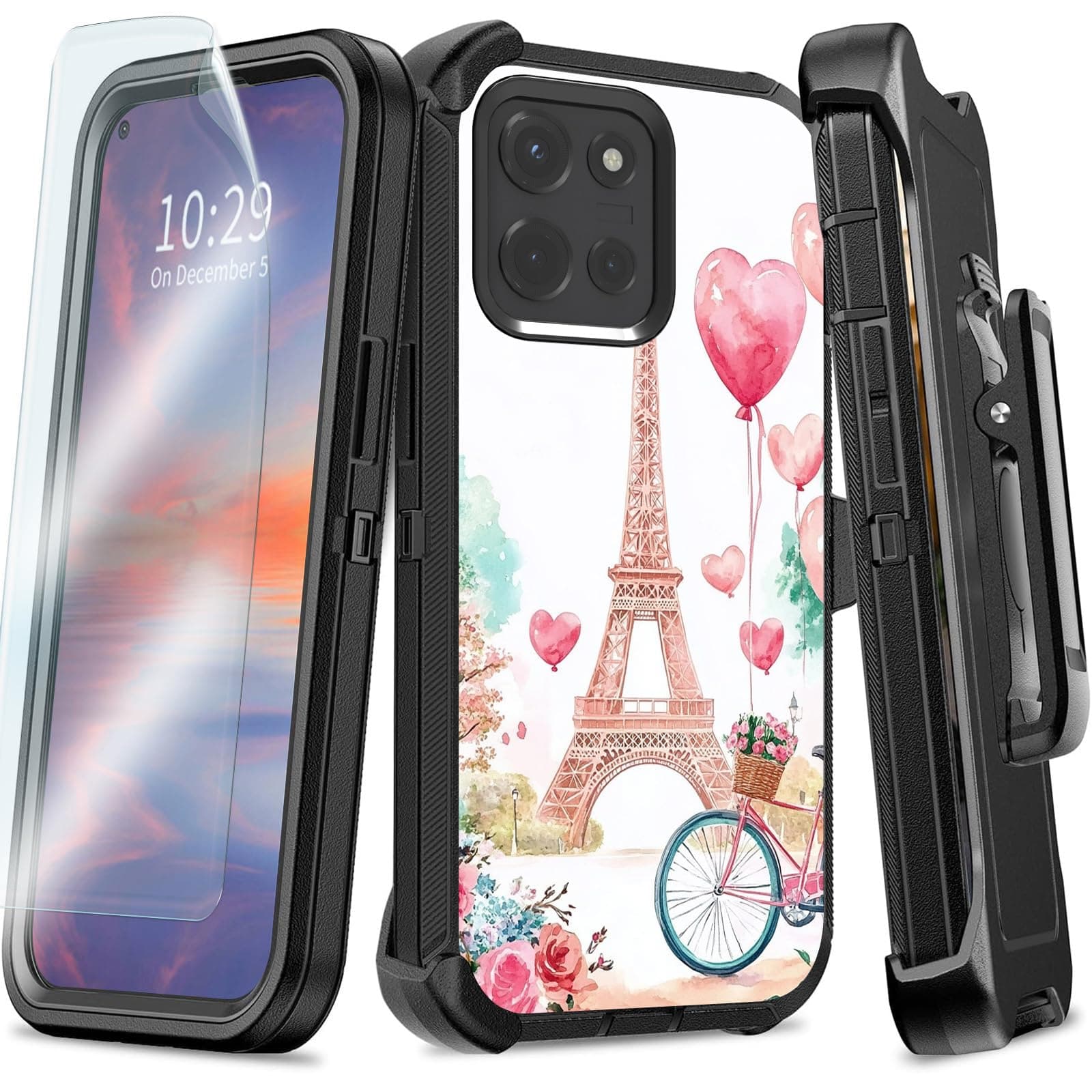 for Motorola Moto G 5G 2025 Case with Belt Clip Holster, Rugged Durable Case with Kickstand & Screen Protector Drop-Resistant Heavy Duty Protection Case for Moto G 5G 2025, Cute Iron Tower