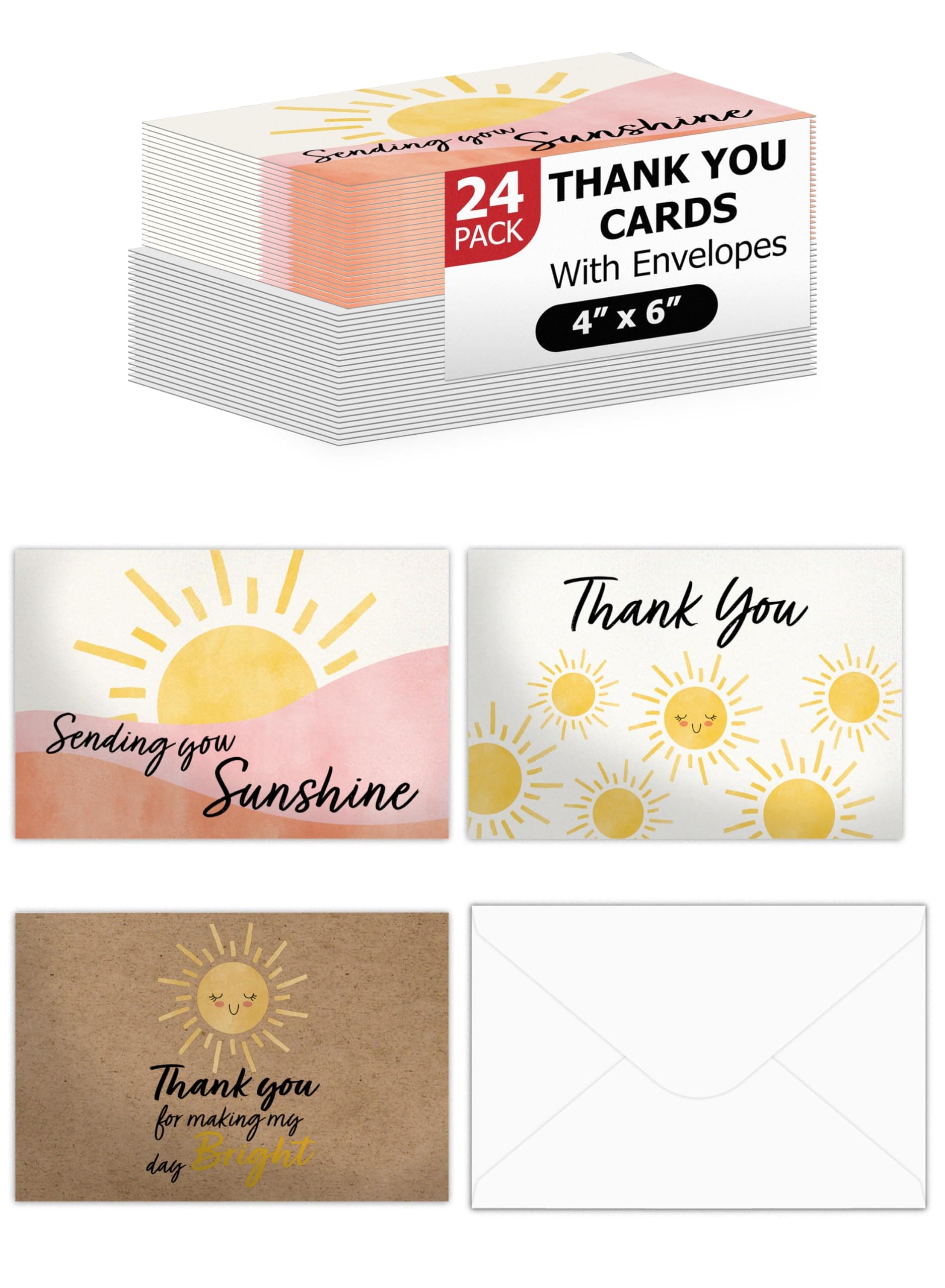 Pro Supply Global Sunshine Thank You Cards – 24 Pack, 4"x6" Foldable Greeting Set with Envelopes – Assorted 3 Designs Suitable for Expression of Gratitude, Parties, Celebrations and Personal Writings.