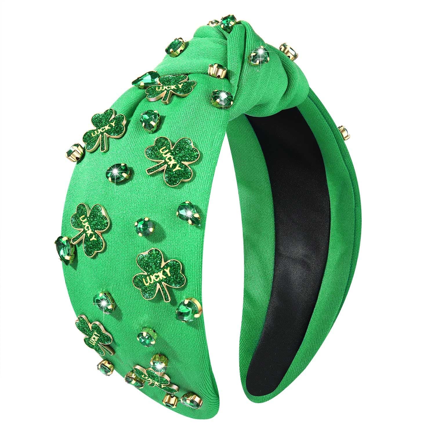 NVENF St.Patrick's Day Headband for Women Green Shamrock Knotted Headbands Rhinestone Crystal Lucky Leaf Embellished Wide Top Knot Headbands St.Patrick's Day Accessories Outfits Gifts (Leaf N)