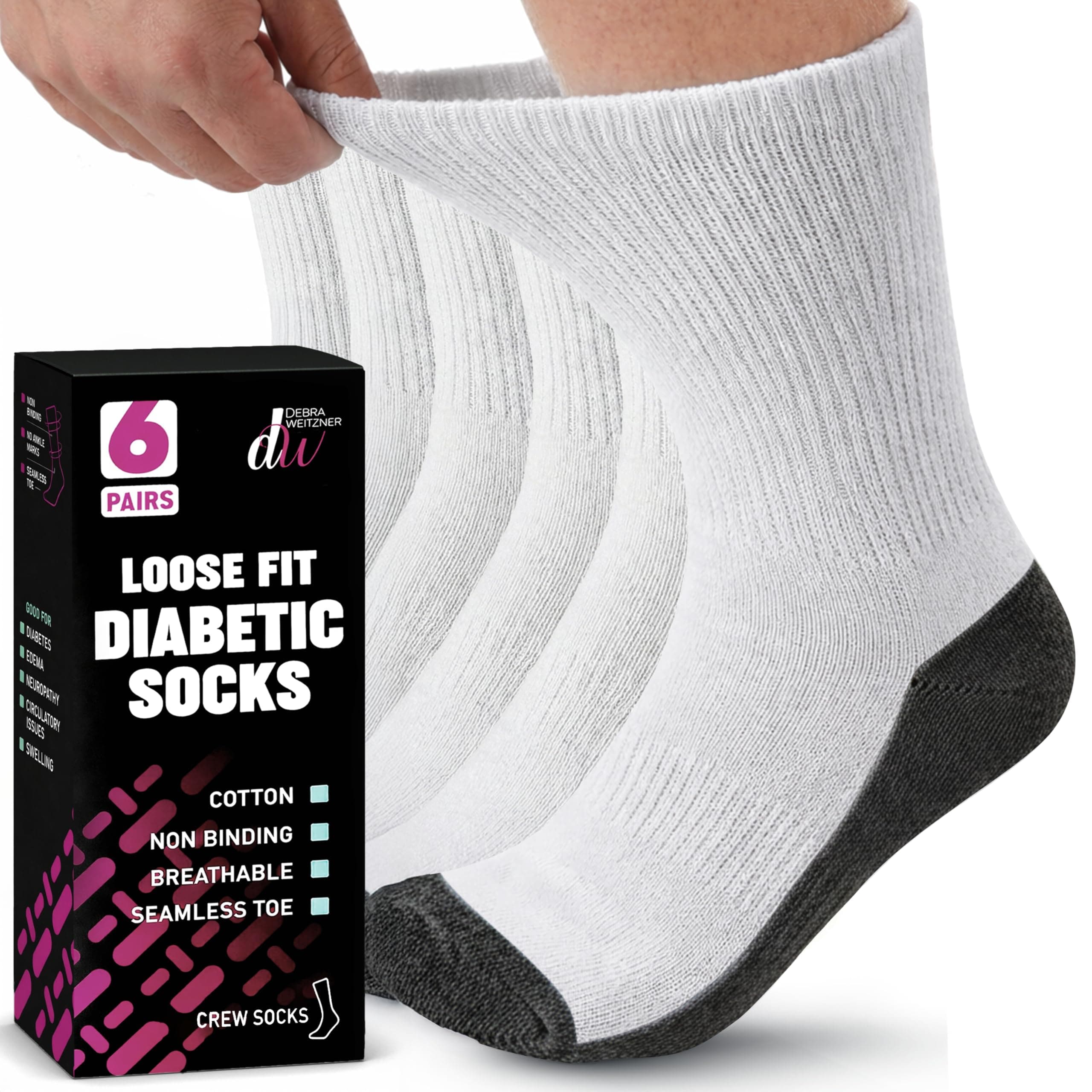 6 Pairs Diabetic Crew Socks Reinforced Heel and Toe Non-Binding Cushion Socks for Men and Women White/Black Sole 13-15 Debra Weitzner