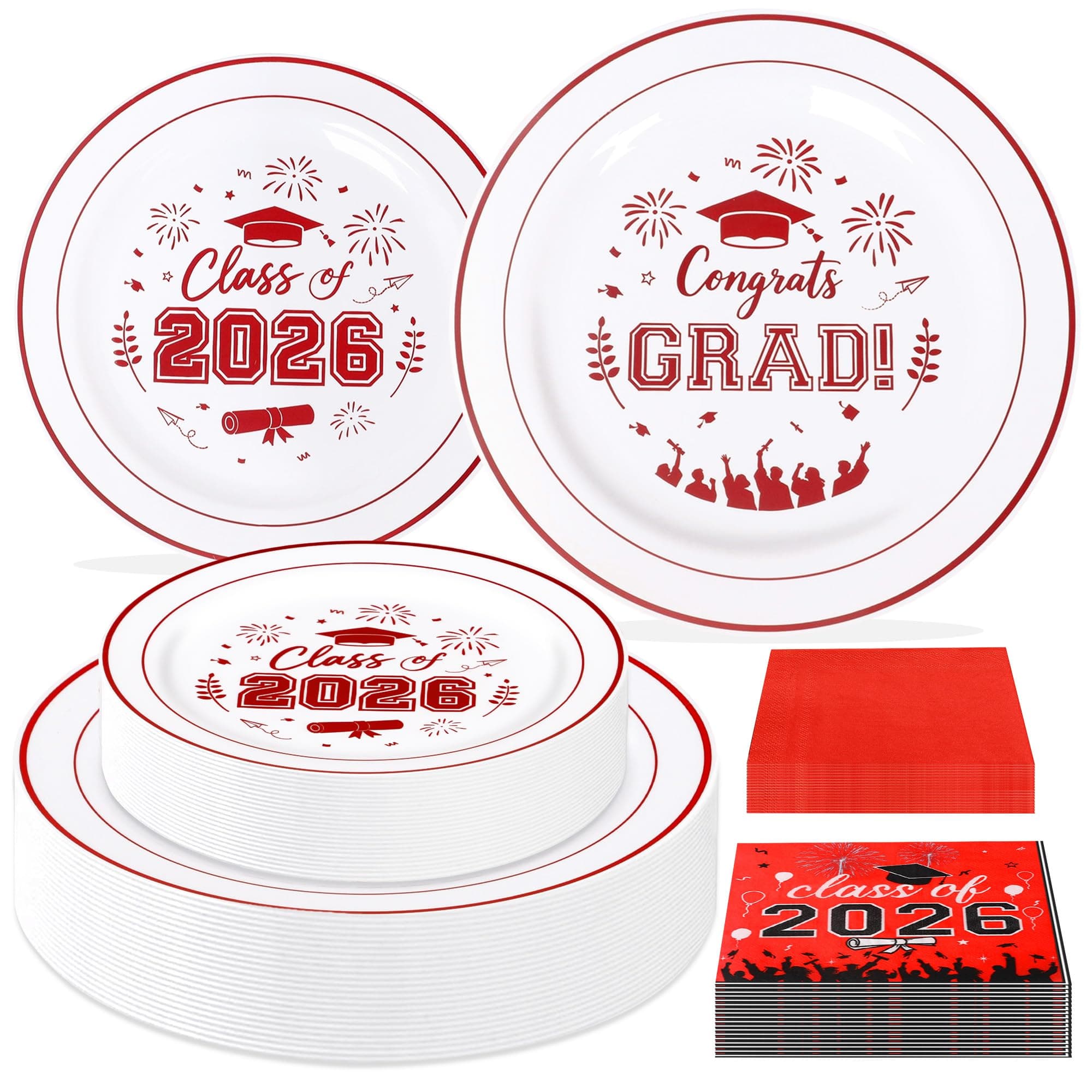 qonimi 120 Pcs Graduation Plastic Plates,2026 White Red Graduation Disposable Plates for 30 Guests, 30 Dinner Plates 10 inch & 30 Dessert Plates 7 inch Cocktail Napkins for Party,Holiday