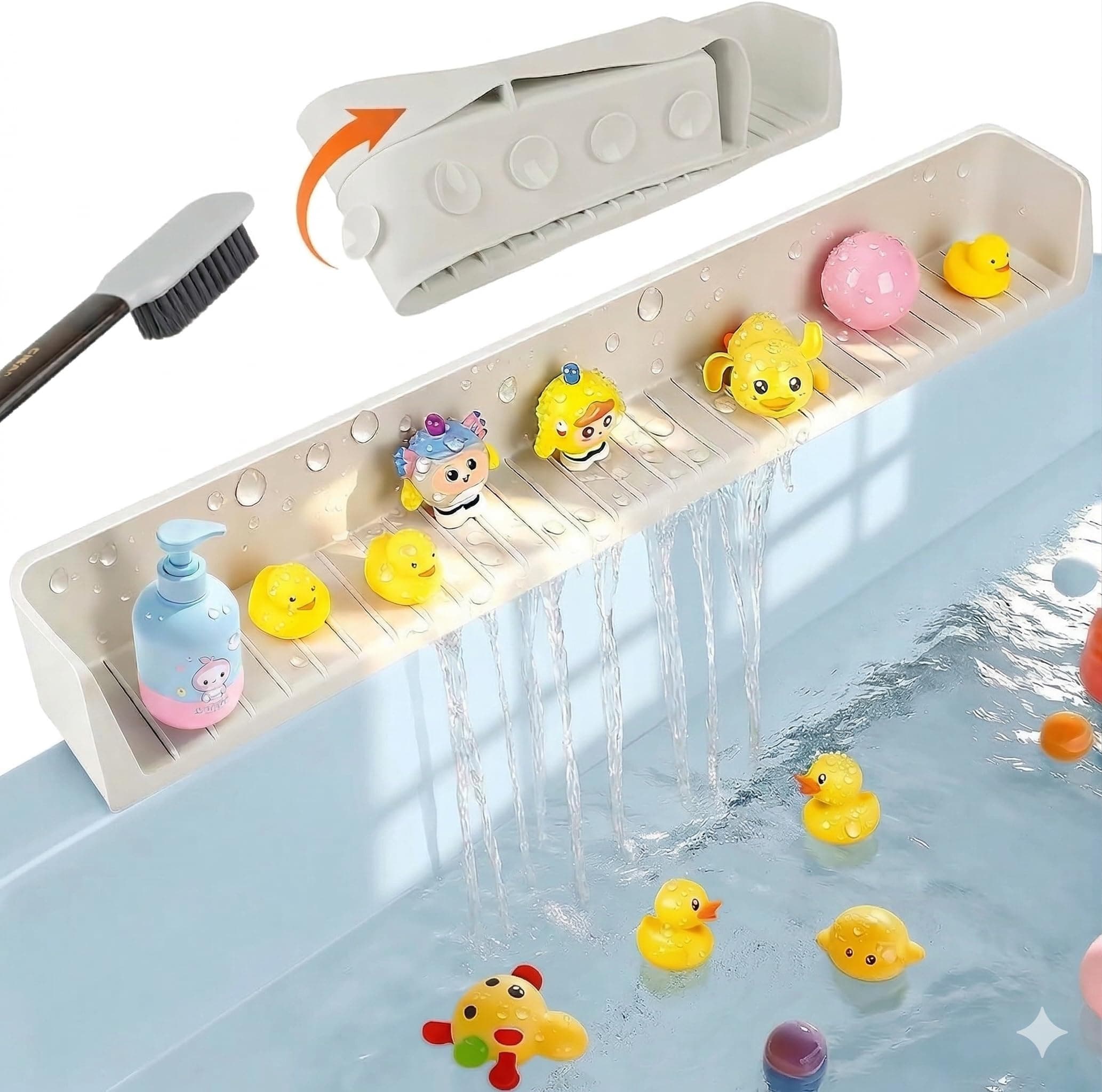 GINOYA Bathtub Splash Guard for Kids, 11 Strong Suction Cups, Extra-Long & High Silicone Wall to Prevent Water Spills, with Cleaning Brush, Toy Storage Shelf for Toddlers & Babies Bath Time (Gray)