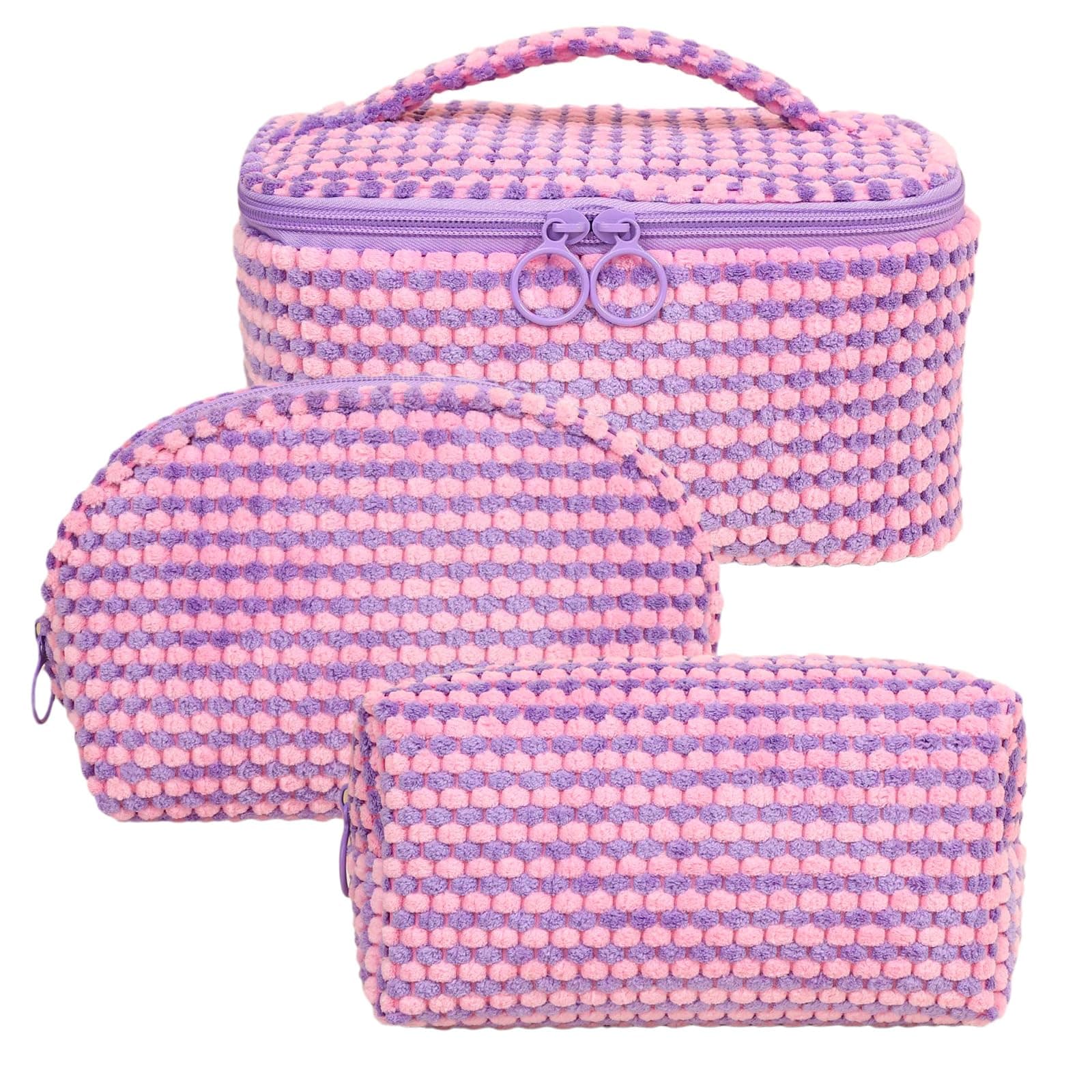 WENSIDUO 3Pcs Purple Plush Makeup Bag Set for Women, Large Capacity Cosmetic Bags Travel Toiletry Bag for Toiletries Accessories, Purple Plush.