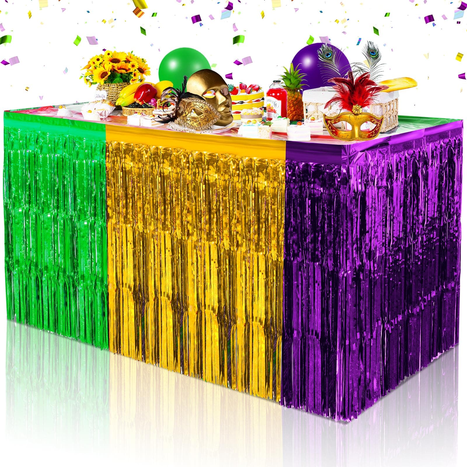 12 Pack Table Skirt Party Decorations, Mardi Gras Purple Gold and Green Metallic Foil Fringe Tinsel Table Skirts