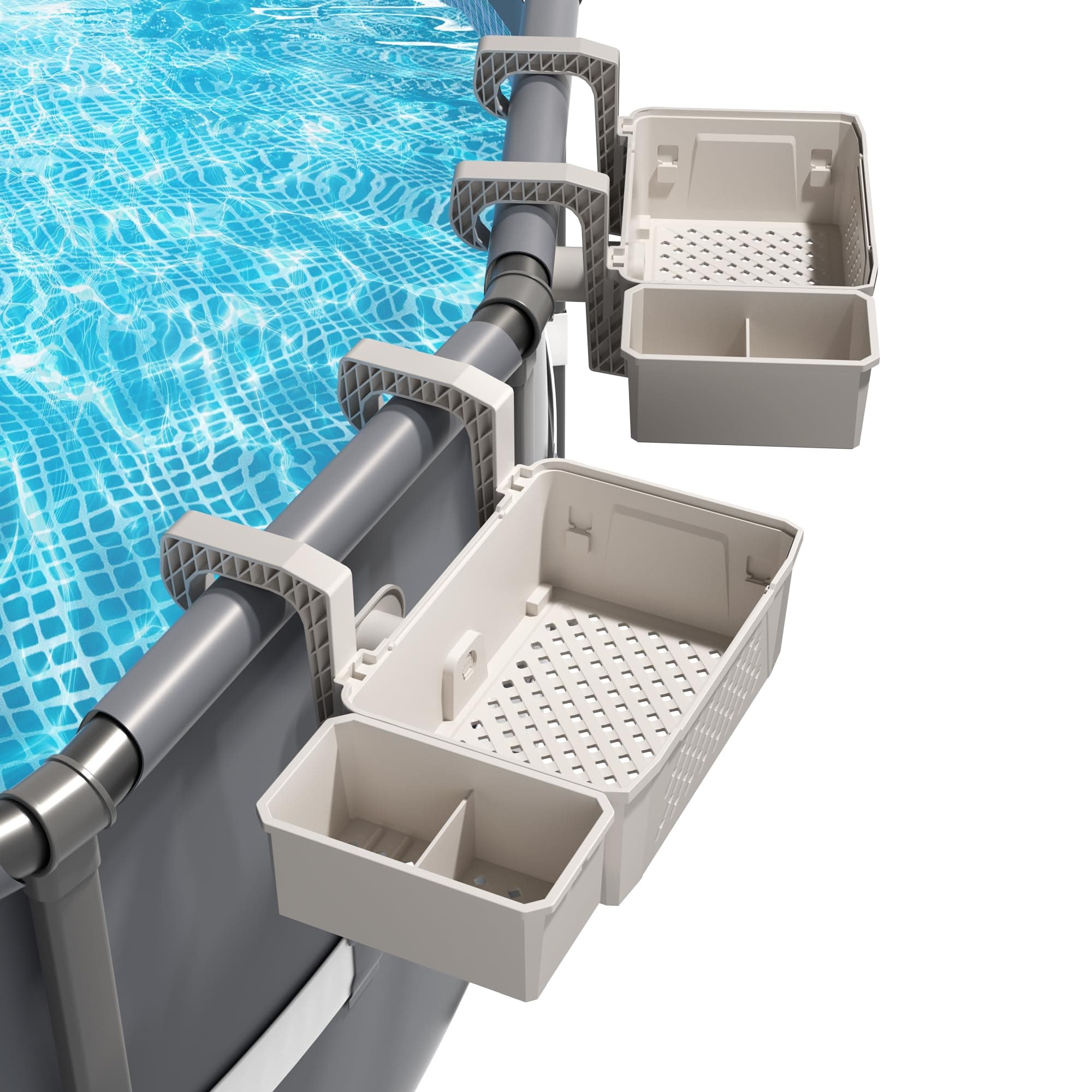 2 Sets of Poolside Storage Baskets with Cup Holders - Perfect for 3-Inch or Smaller Top Rails - Above Ground Pool Accessories - Fit for Most Above Ground Pool(Gray)
