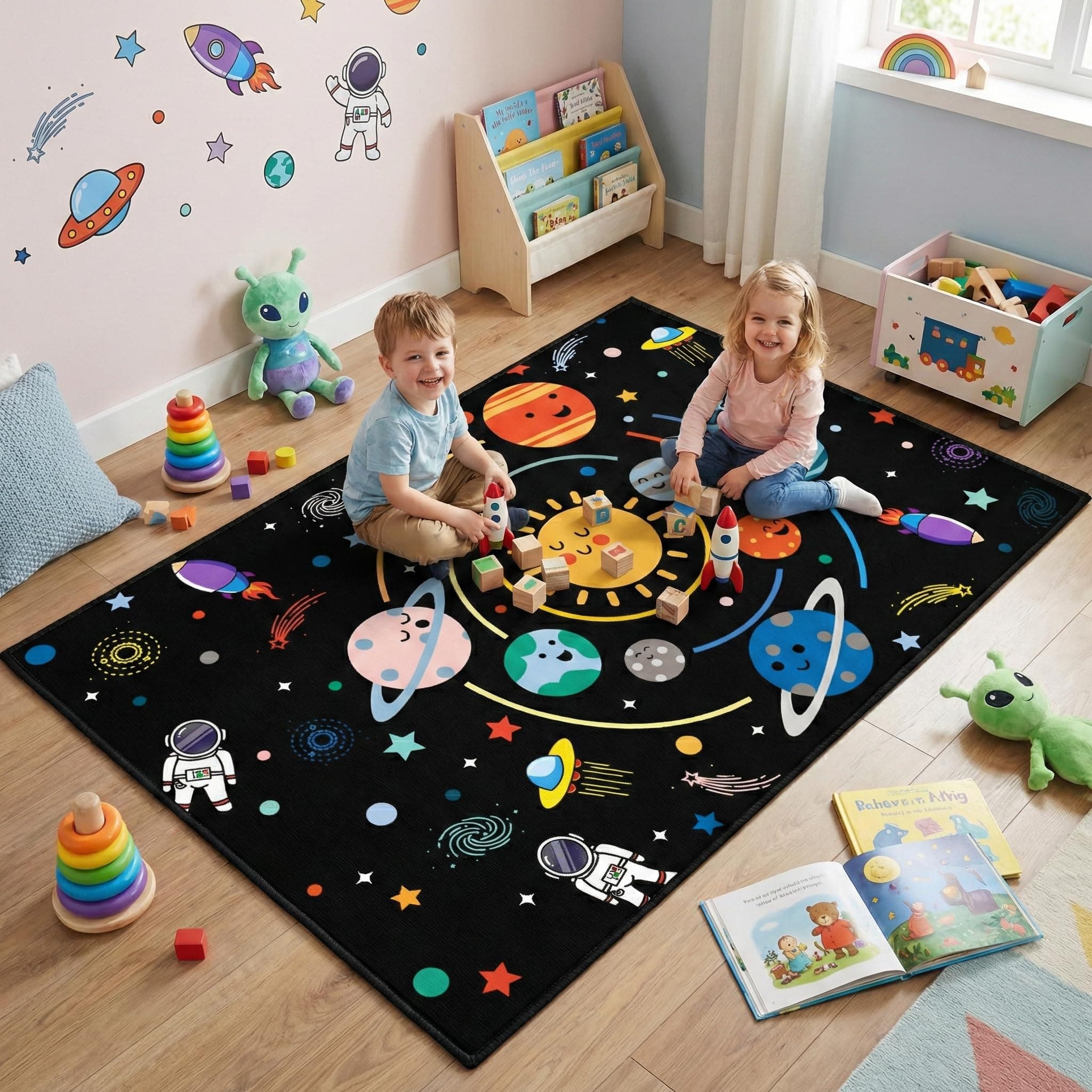 Outer Space Rug for Boys Room,3'×4' Space Rug for Kids Bedroom with Solar System Theme,Educational Carpet for Playroom and Living Room Decor