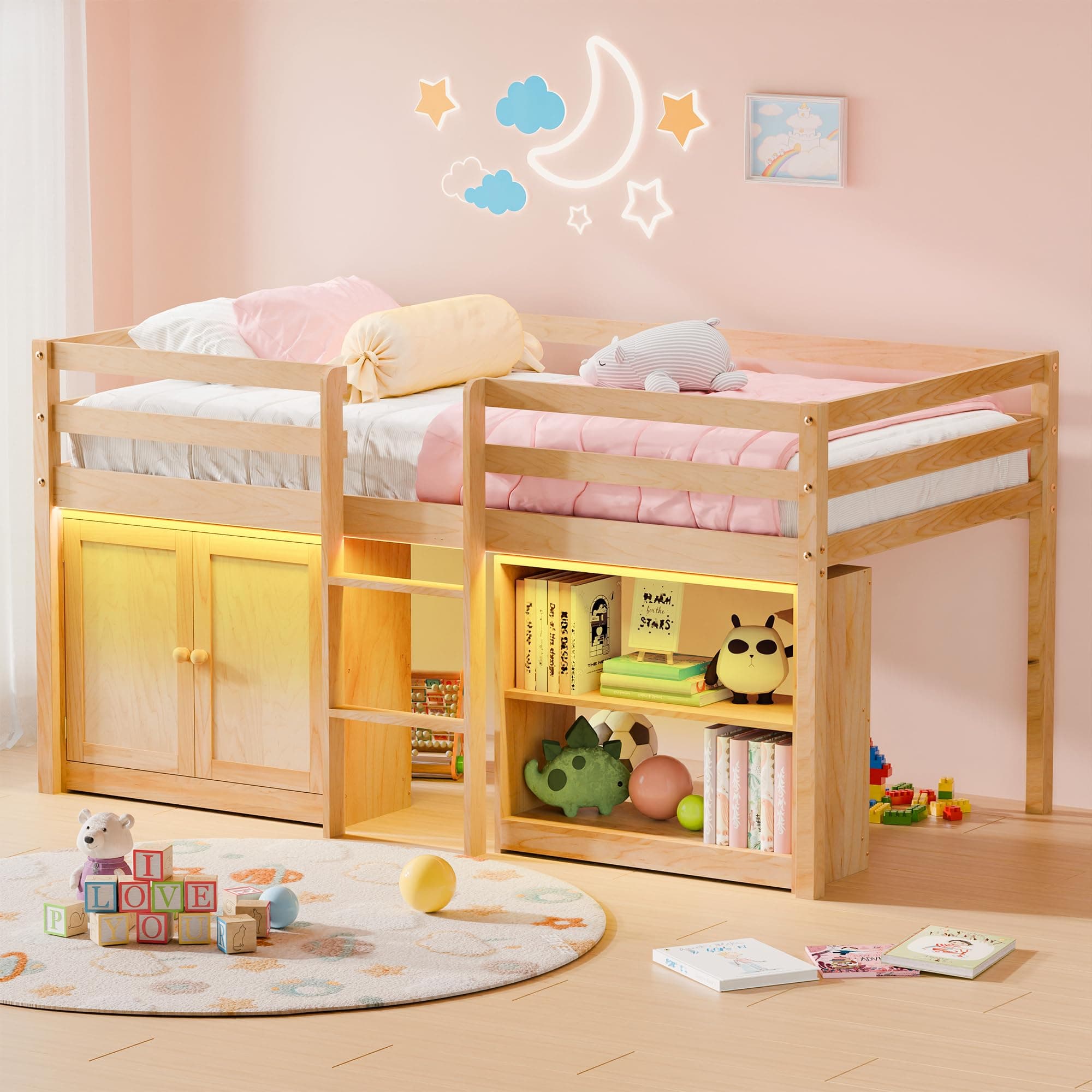 Redpick Low Loft Bed with LED Lights, Wooden Twin Size Loft Bed with Ladder & Safety Guardrail, Twin Bed Frames for Kids with Storage 2 Bookcases and Play Space (Natural)