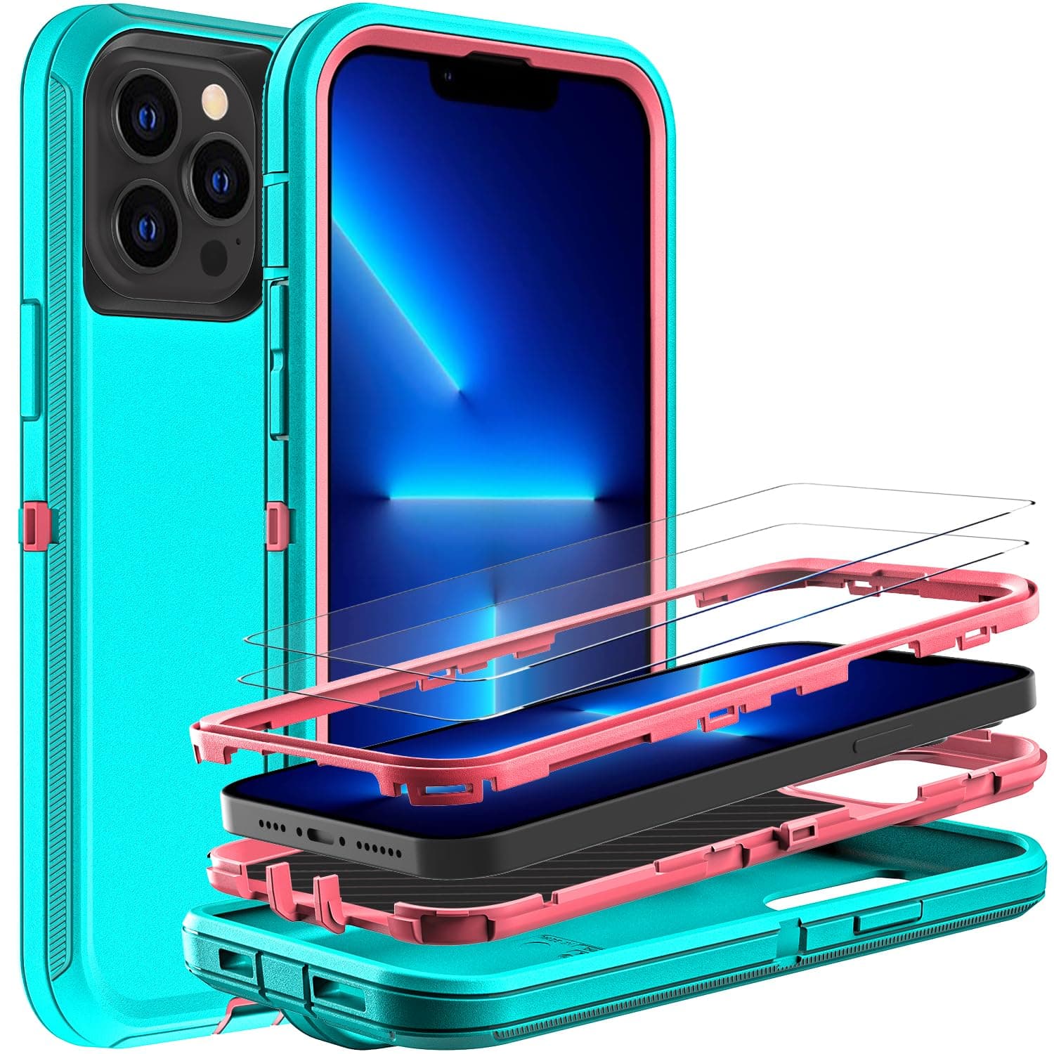 YKHJKLEC for iPhone 13 Pro Case, Military Grade 3 in 1 Heavy Duty Shockproof/Drop Proof/Dust Proof Case with 2Pcs Tempered Glass Screen Protector (Aqua Blue/Pink)