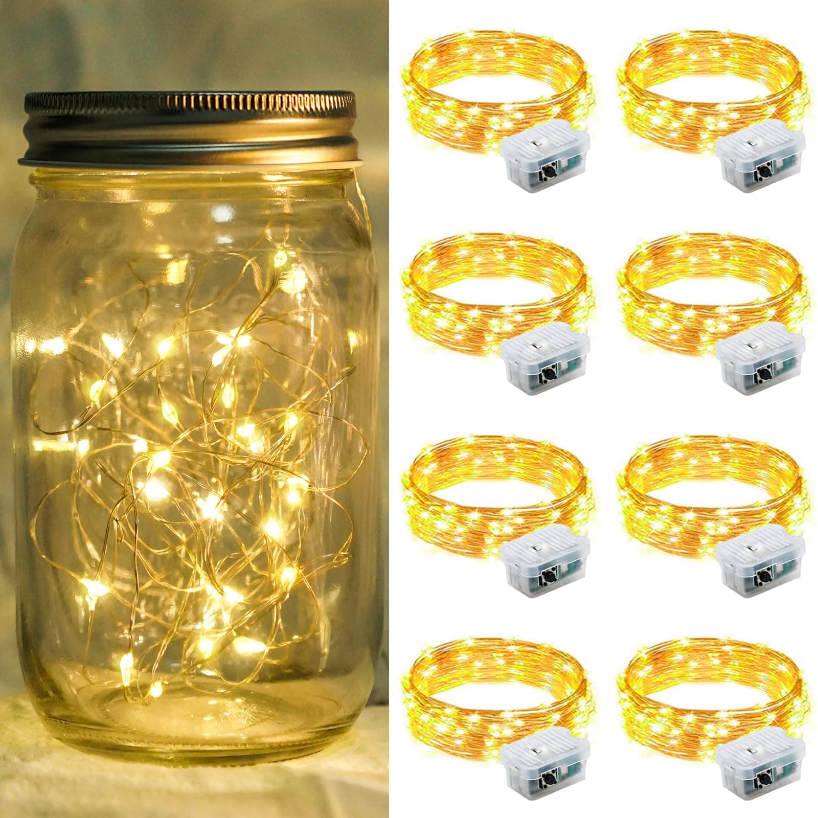 chzk 8 Pack Fairy Lights Battery Operated 7FT 20 LED Mini String Lights with 3 Lighting Modes Waterproof Twinkle Lights for Easter Halloween Christmas Mason Jars Party Decor(Warm White)