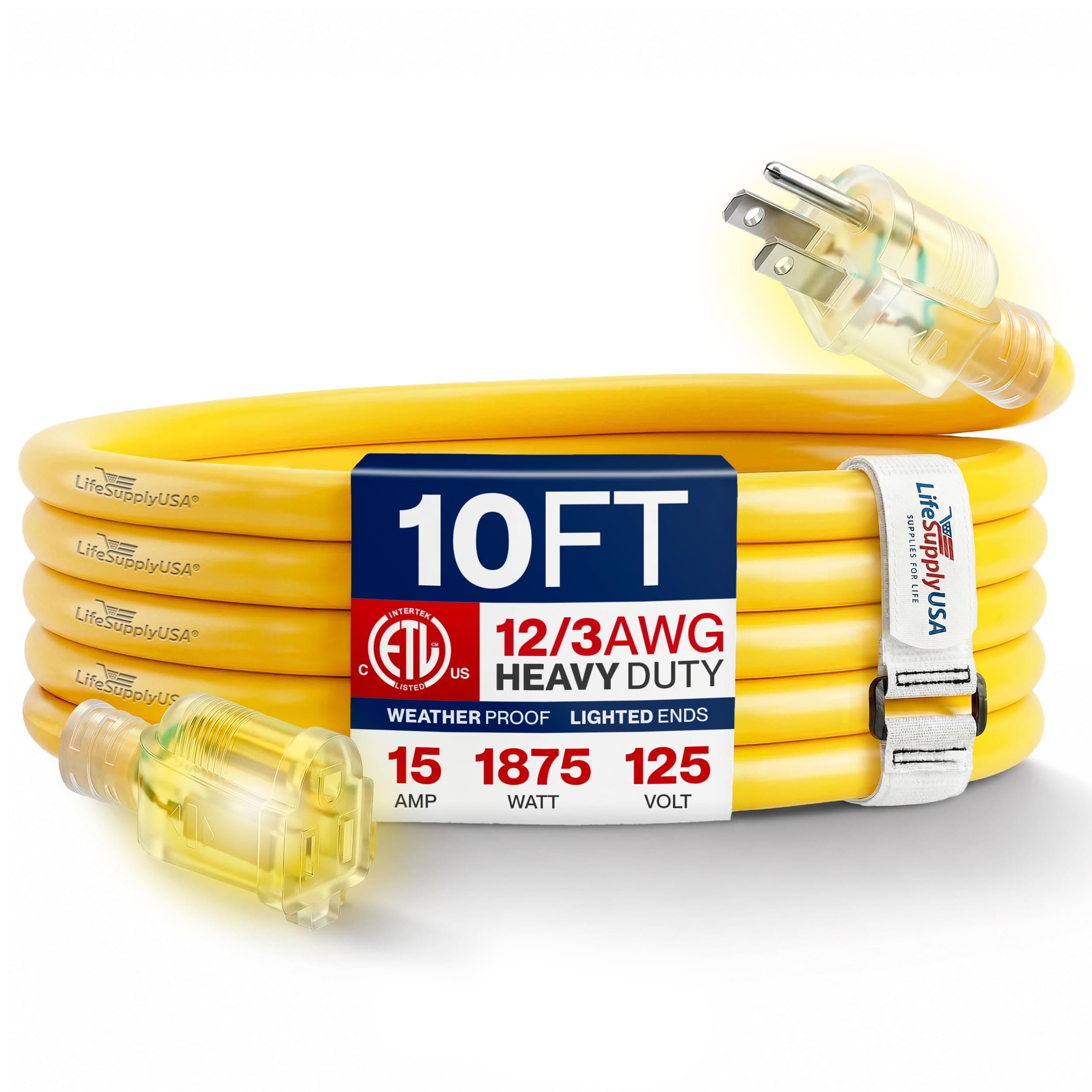 10ft Outdoor/Indoor Extension Cord 12/3 Gauge Extra Heavy Duty 3 Prong SJTW, Waterproof, ETL Listed, Flexible Cold-Resistant Long Power Cord,15A 125V 1875W, Yellow by LifeSupplyUSA