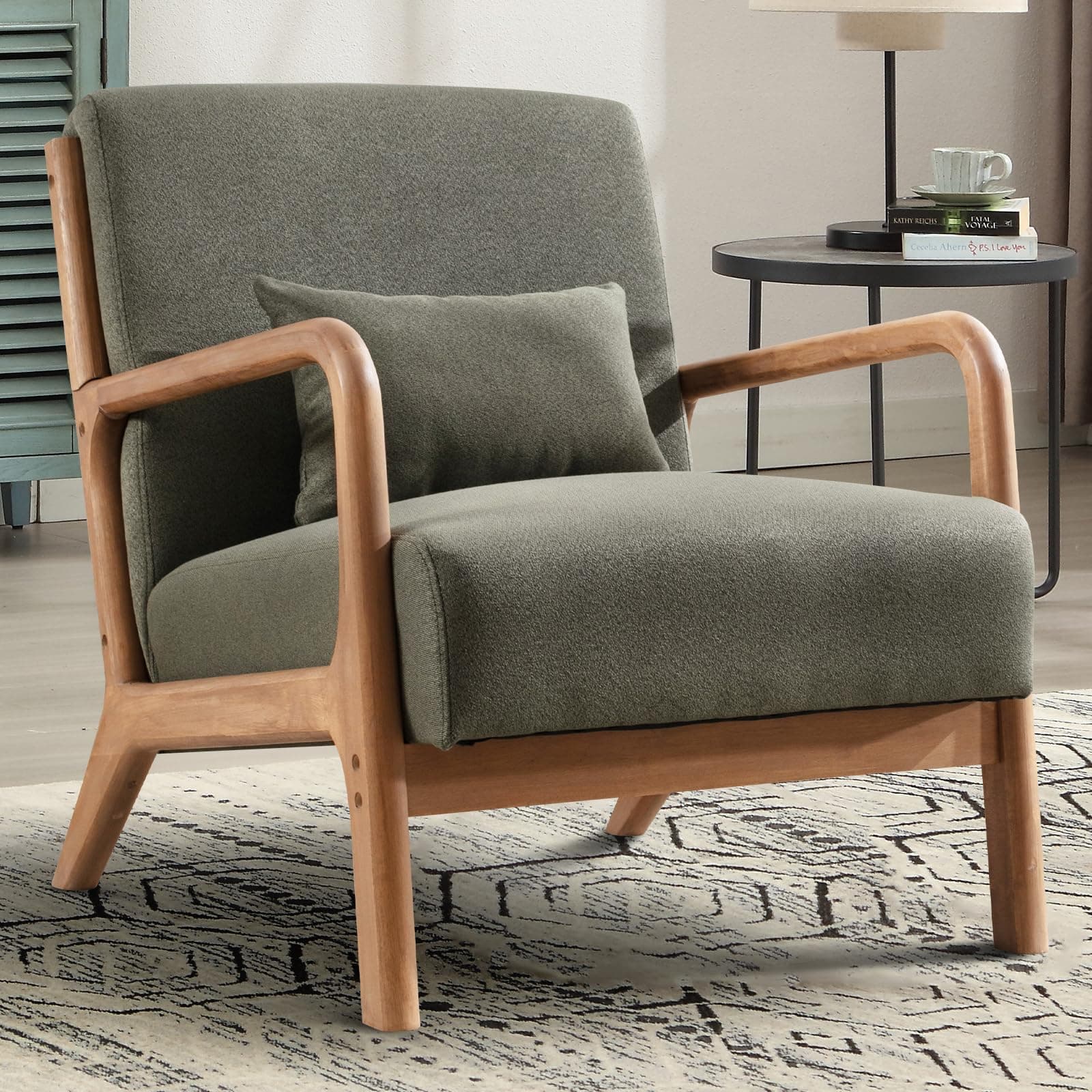 CANMOV Modern Accent Chair with Lumbar Pillow, Upholstered Mid-Century Accent Arm Chair with Thick Seat Cushion & Solid Wood Frame, Small Side Comfy Chair for Living Room, Bedroom, Balcony, Green