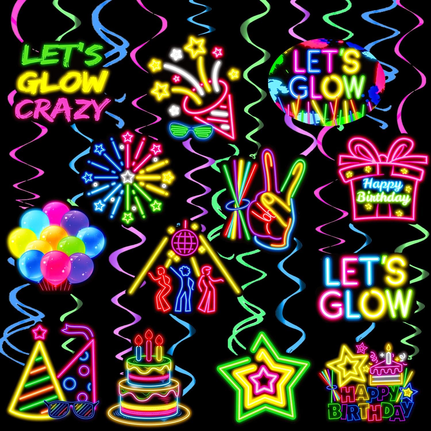 Neon Party Hanging Swirls Glow Birthday Decoration Neon Birthday Party Supplies Glow Neon Ceiling Streamers Glow In The Dark Decoration for Let's Glow Baby Shower Supplies